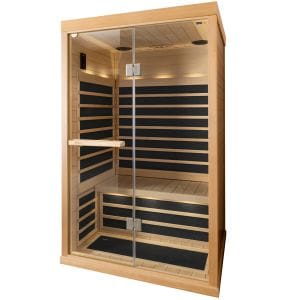 Tylö T-820H luxury two-person infrared sauna with CarbonFlex heating panels, architectural glass front, and integrated Bluetooth audio, Roberts Leisure Isle of Man.