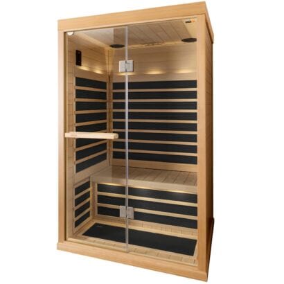 Tylö T-820H luxury two-person infrared sauna with CarbonFlex heating panels, architectural glass front, and integrated Bluetooth audio, Roberts Leisure Isle of Man.