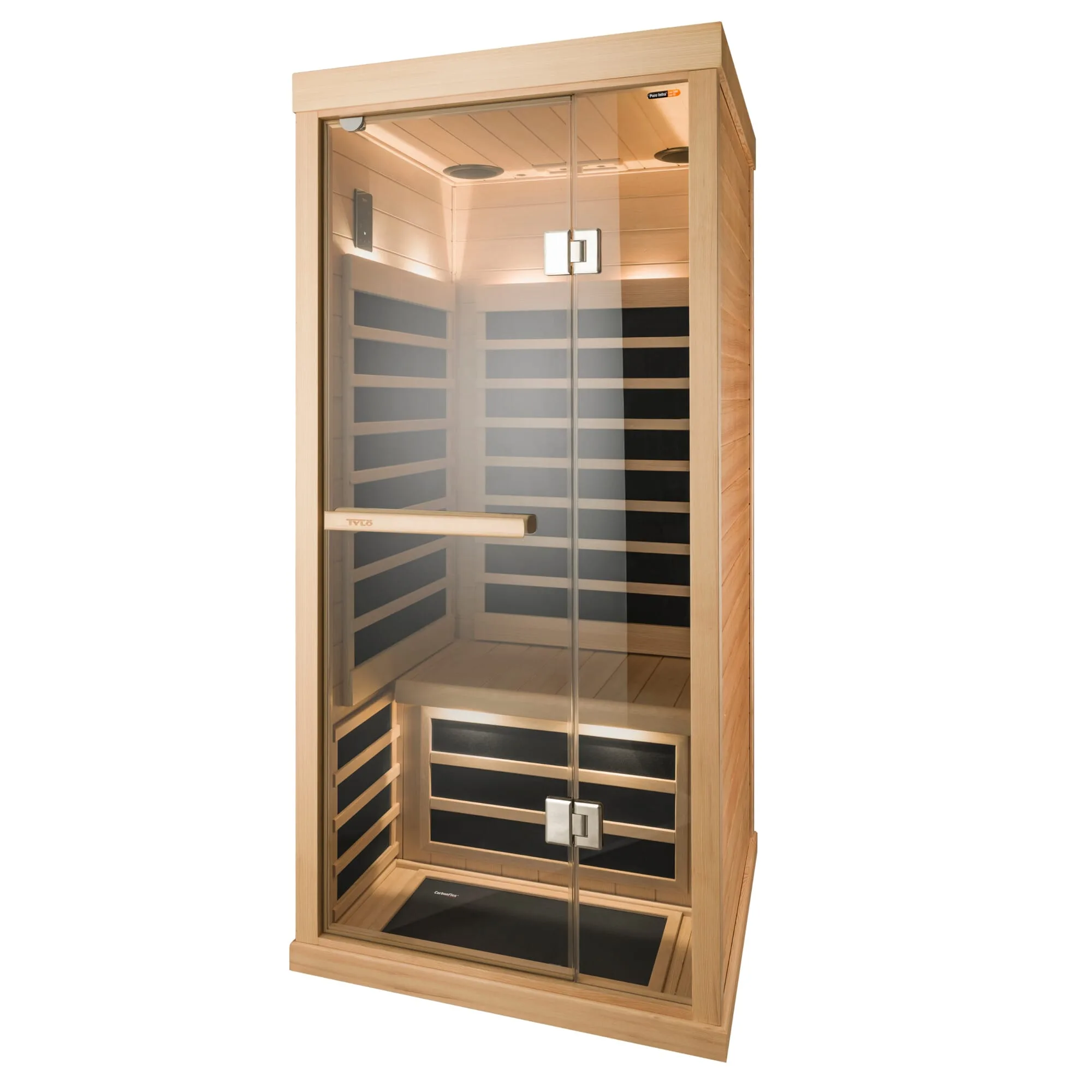 Tylö T-810H luxury one-person infrared sauna featuring CarbonFlex heating panels, a full glass door, and integrated Bluetooth audio, Roberts Leisure Isle of Man.