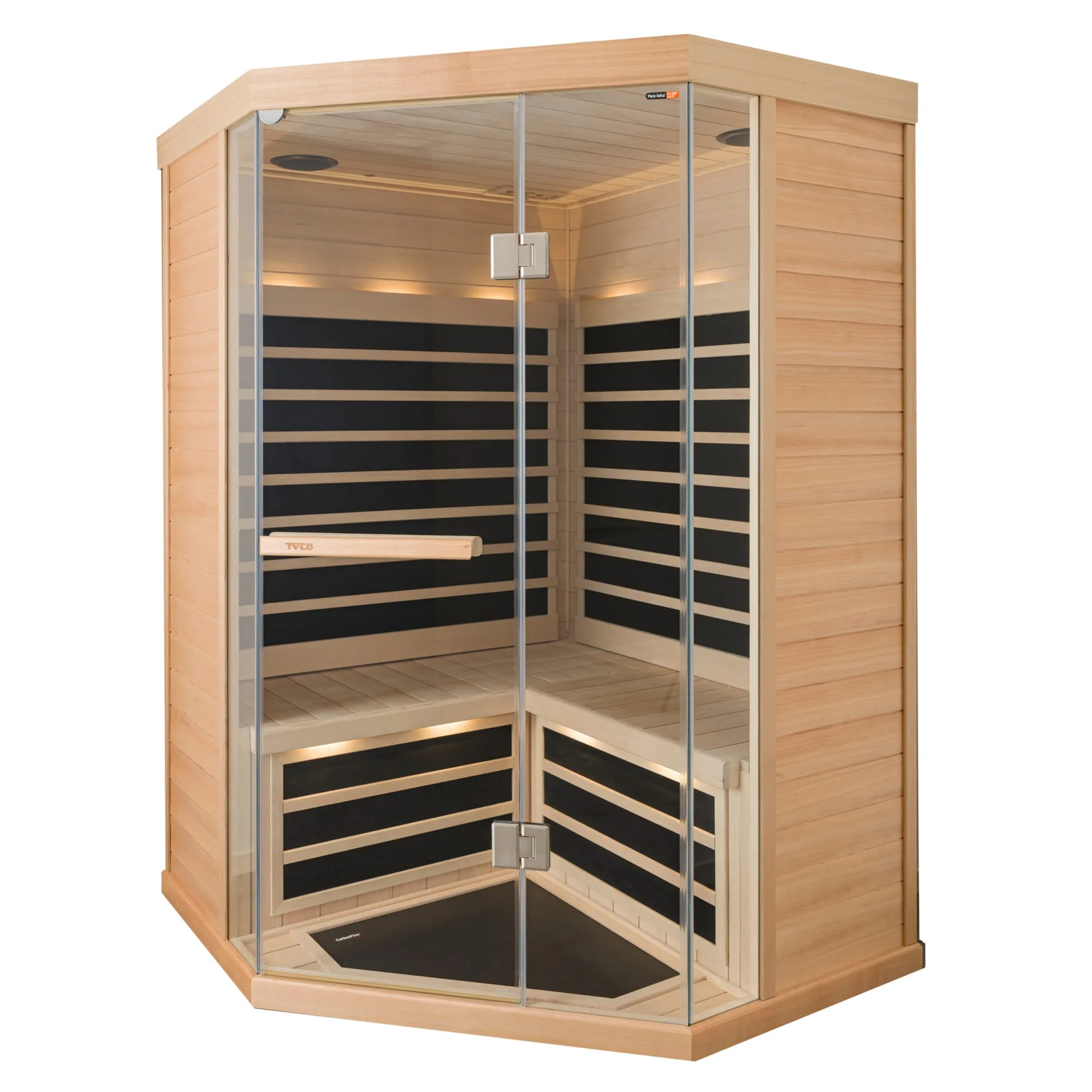 Tylö T-870H flagship corner-unit infrared sauna featuring space-maximizing pentagonal design, CarbonFlex heating panels, and a wide-span glass facade, Roberts Leisure Isle of Man.