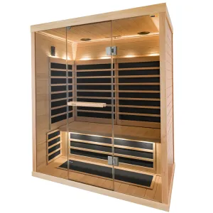 Tylö T-825H large-capacity indoor infrared sauna featuring CarbonFlex heating panels, a wide-span architectural glass front, and premium Hemlock timber, Roberts Leisure Isle of Man.