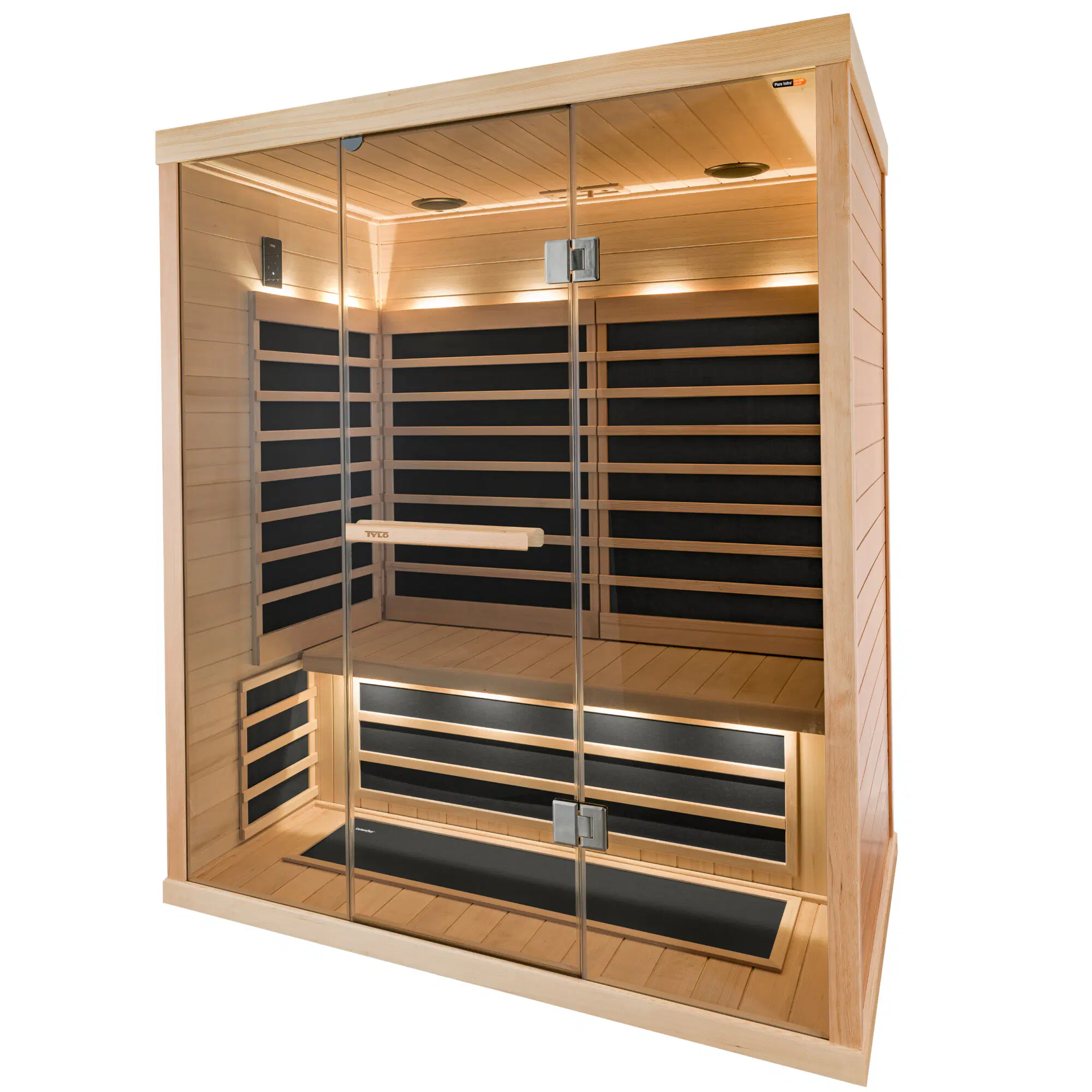 Tylö T-825H large-capacity indoor infrared sauna featuring CarbonFlex heating panels, a wide-span architectural glass front, and premium Hemlock timber, Roberts Leisure Isle of Man.