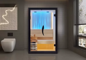 Luksus Aurora 1 luxury indoor traditional sauna featuring floating ergonomic benches, a panoramic glass front, and integrated mood lighting, Roberts Leisure Isle of Man.