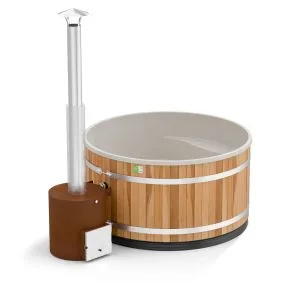 Kirami Comfort Family L large wood-fired hot tub with integrated internal steps and a powerful Macu external heater, Roberts Leisure Isle of Man.