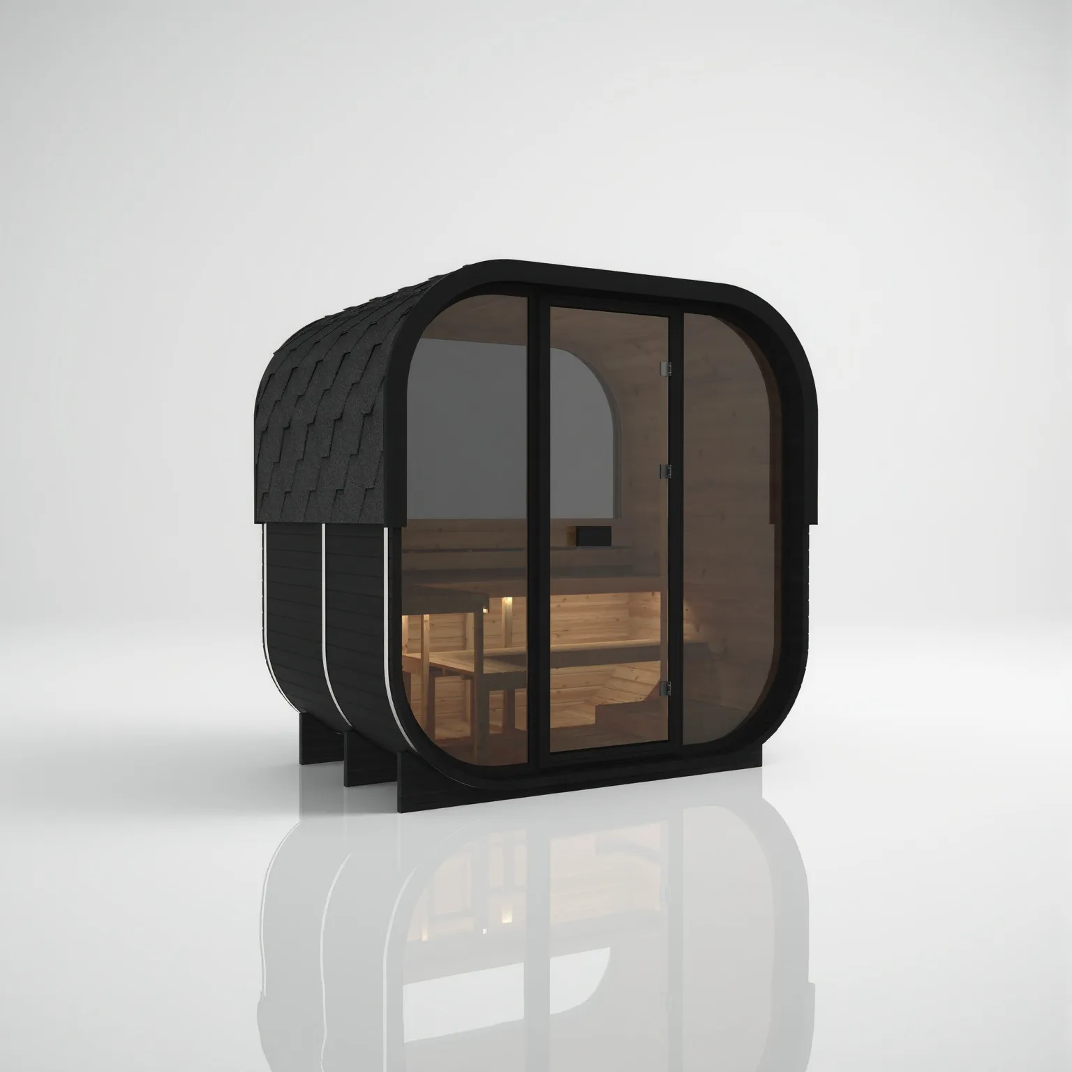 Left-angled exterior view of the Hekla Cube 210 sauna in the Nero finish with a black shingle roof, expansive front glass, and a rear half-window.