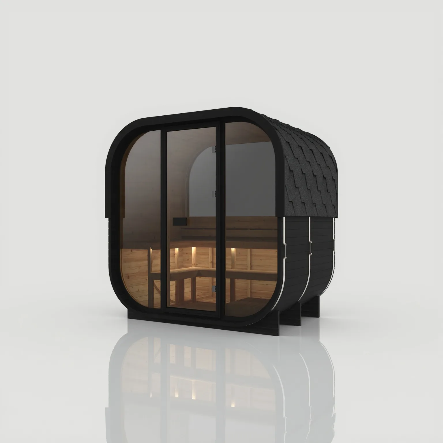 Right-angled view of the Hekla Cube 210 outdoor sauna in a Nero black finish, featuring a solid rear wall, protective shingle roof, and full glass frontage.