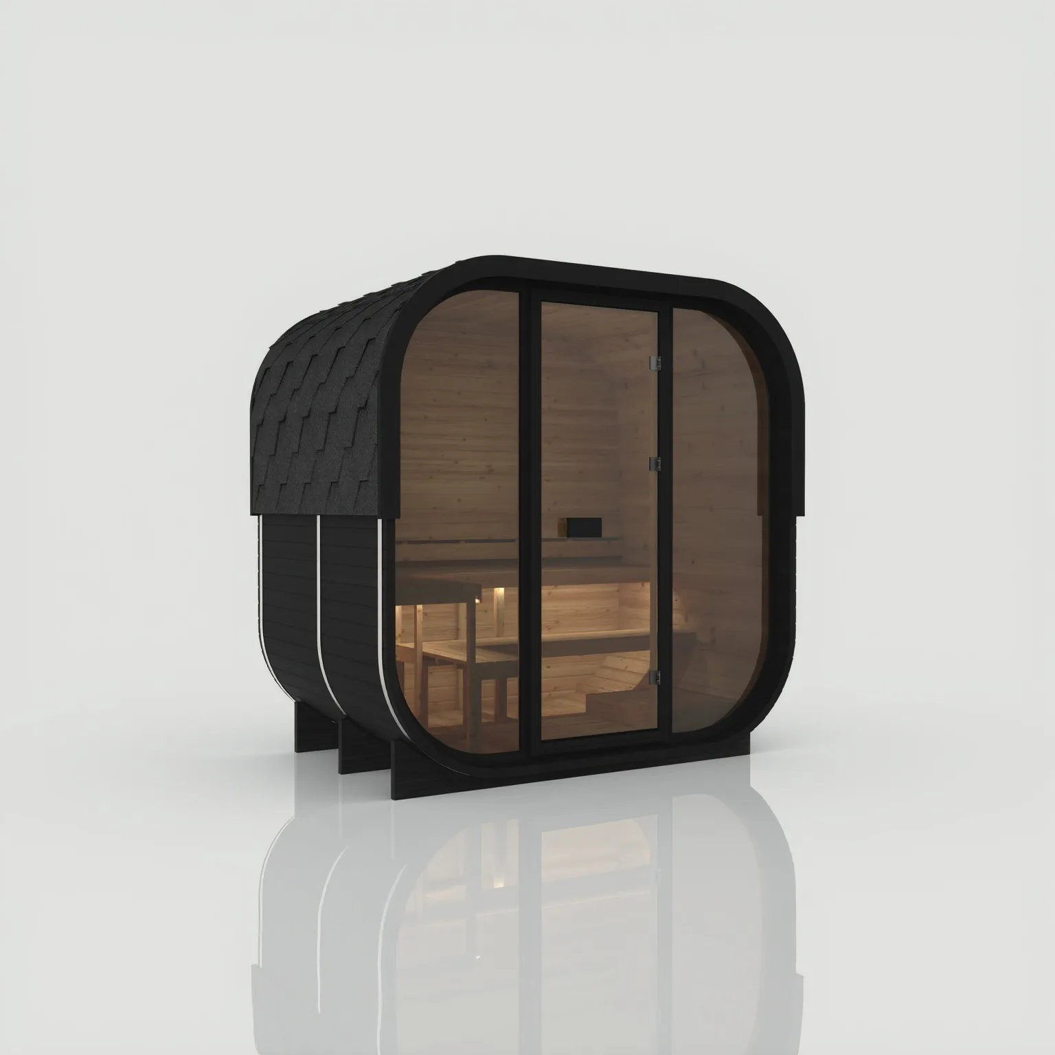 Left-angled exterior view of the Hekla Cube 210 sauna in the sleek Nero black finish with a solid back wall and protective black shingle roof.