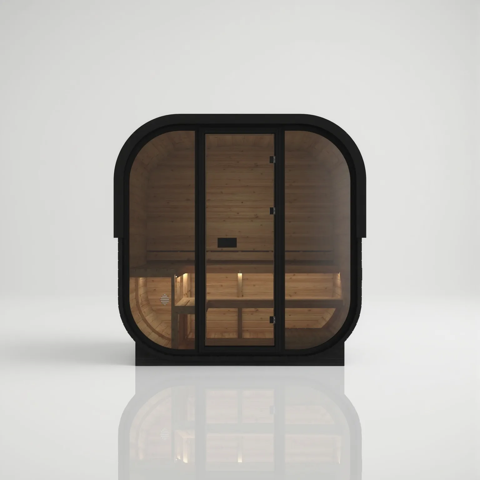 Straight-on view of the Hekla Cube 210 Nero black sauna featuring a solid thermally cured wood back wall and a massive glass front panel.