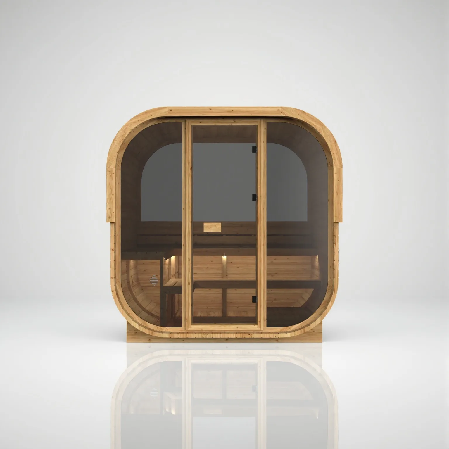 Front view of the Hekla Cube 160 outdoor sauna in a natural Scandi wood finish, featuring a geometric design and a signature full-height glass front.