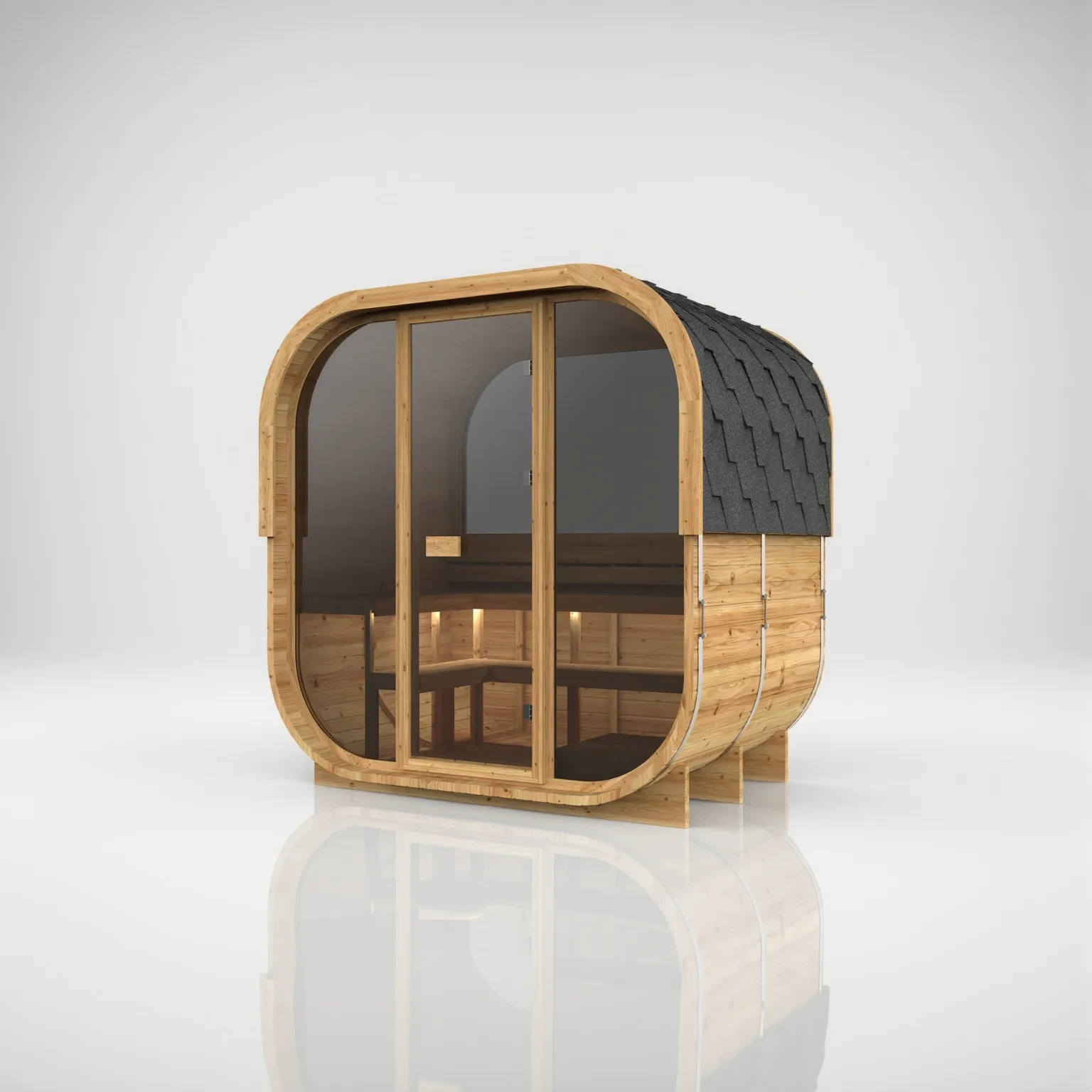 Right-angled perspective of the Hekla Cube 210 sauna in a thermally cured Scandi finish, showcasing the protective black shingled roof and rear half-window.