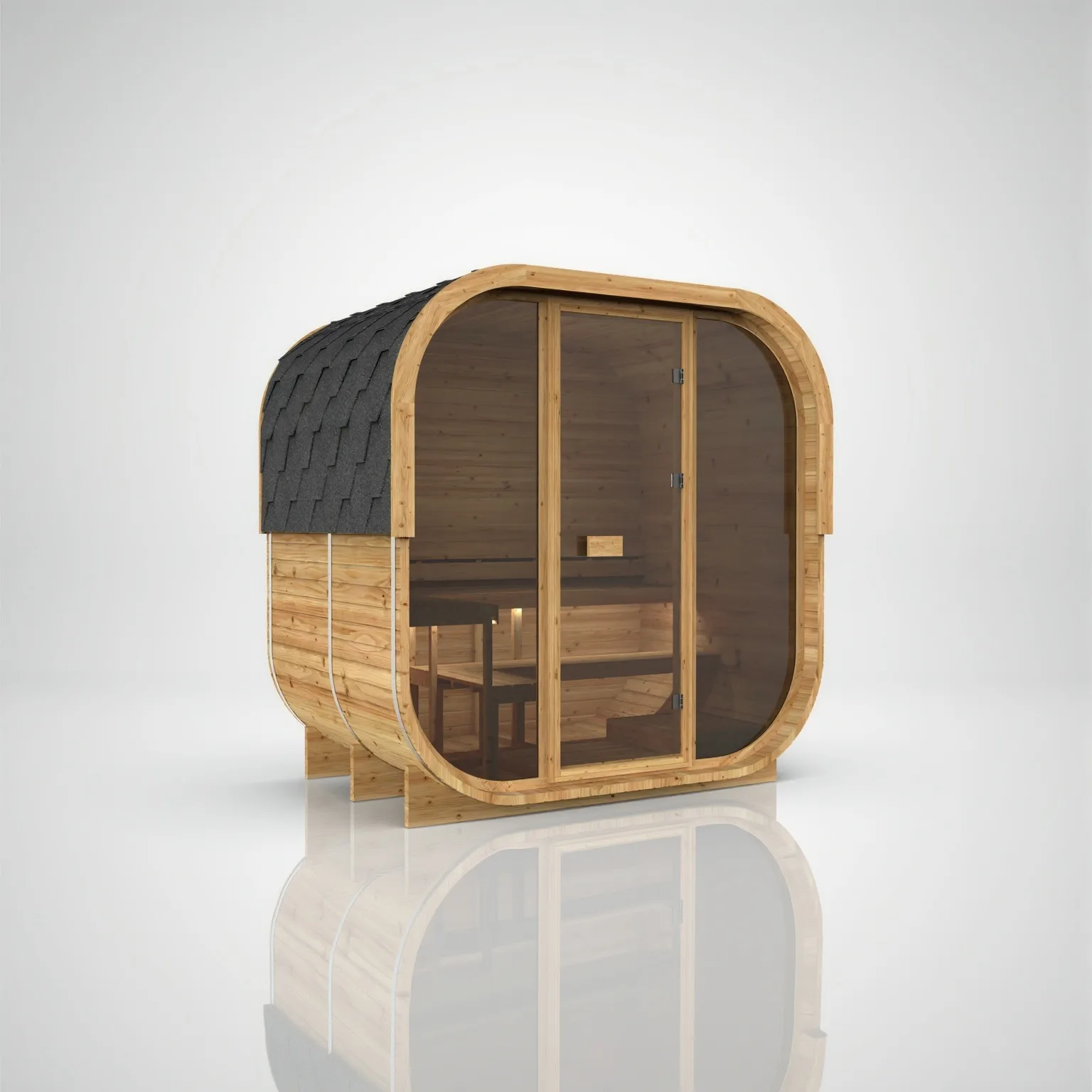 Left-angled exterior view of the Hekla Cube 210 sauna in the natural Scandi finish with a solid back wall and protective black shingle roof.
