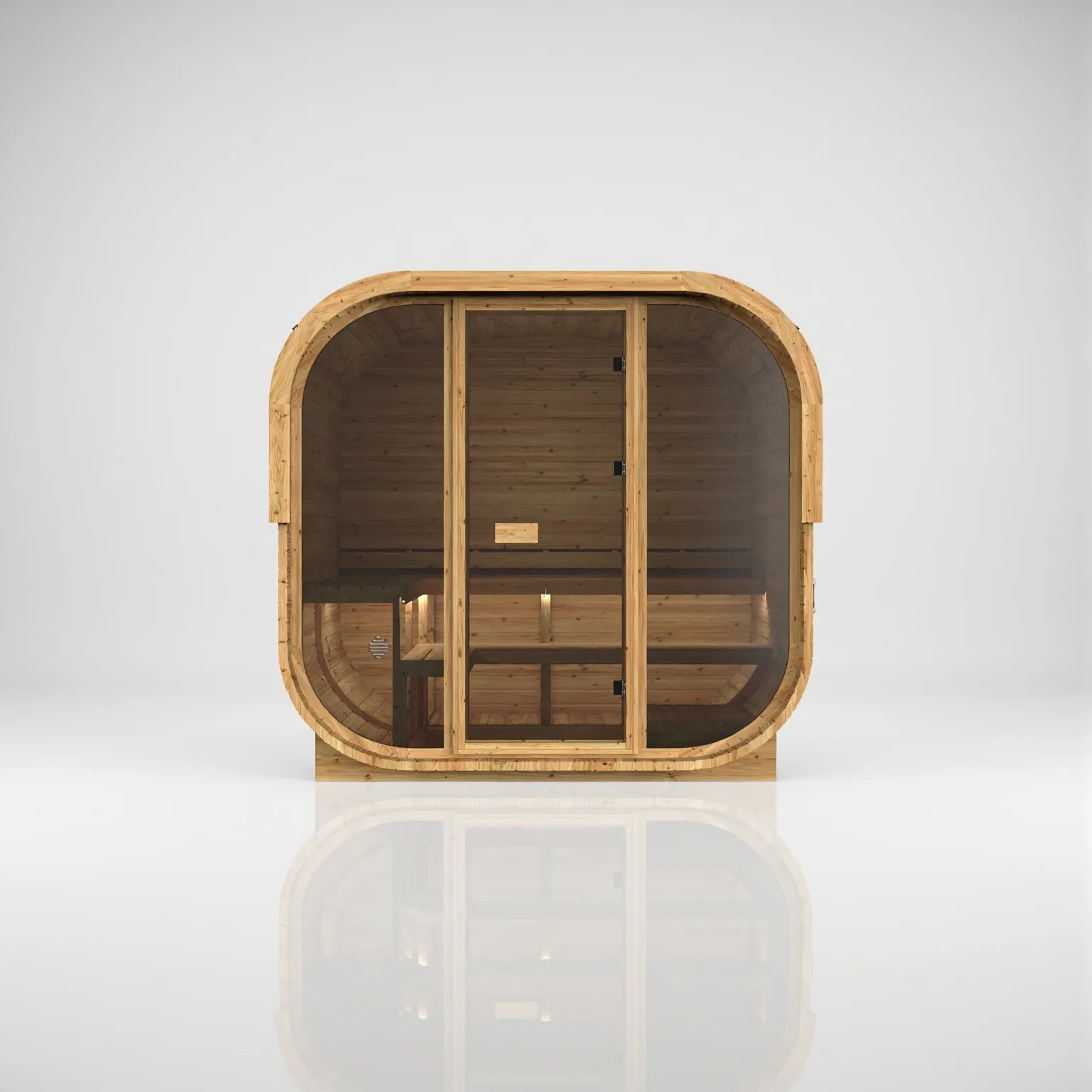 Straight-on view of the Hekla Cube 210 Scandi sauna featuring a solid thermally cured wood back wall and a massive glass front panel.