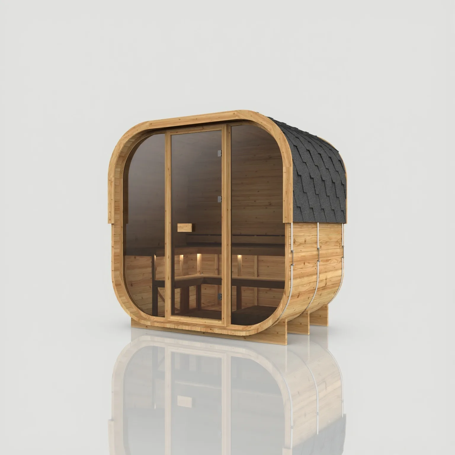 Right-angled view of the Hekla Cube 210 outdoor sauna with a solid rear wall, Scandi wood finish, dark shingle roof, and full glass frontage.