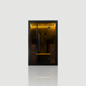 Straight-on front view of the Hekla Infrared 130 sauna, showcasing the full-height toughened double-glazed glass doors and full-spectrum heaters glowing inside.