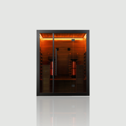 Straight-on front view of the Hekla Infrared 160 sauna, showcasing the full-spectrum infrared heaters glowing warmly through the 8mm grey glass.