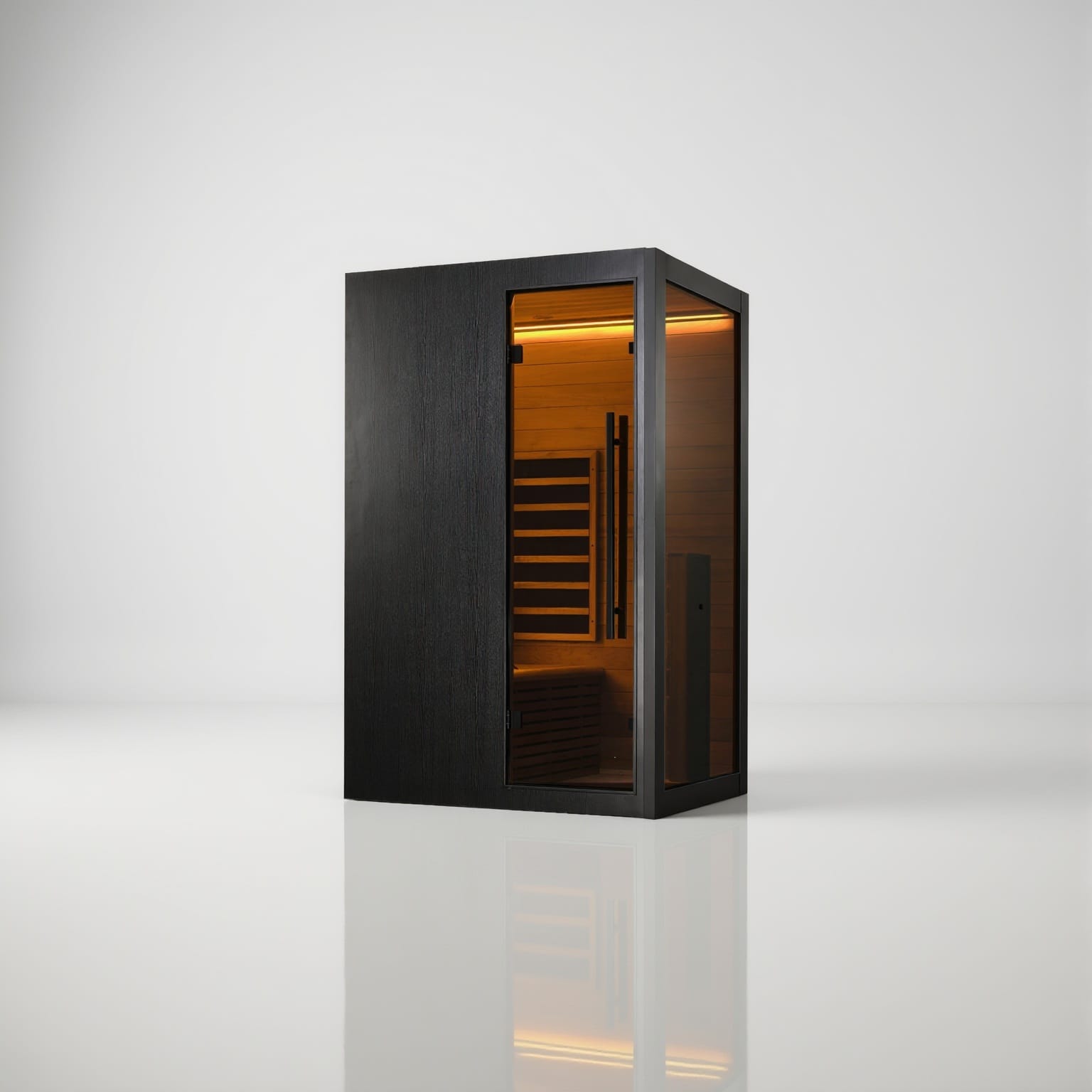 Left-angled perspective of the Hekla IR 100 infrared sauna, highlighting the ergonomic wood backrest and internal terrace bench visible through the tinted glass door.