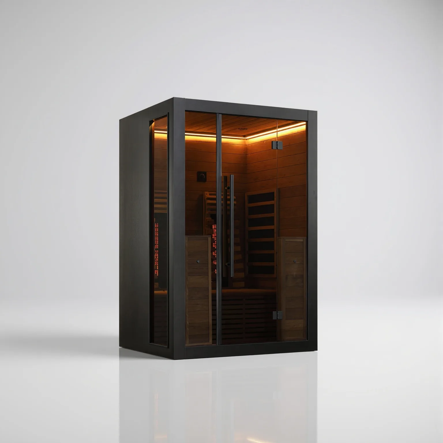Left-angled exterior view of the 2-person Hekla Infrared 130 sauna, featuring a black veneer finish, double-glazed glass front, and warm ambient LED lighting inside.