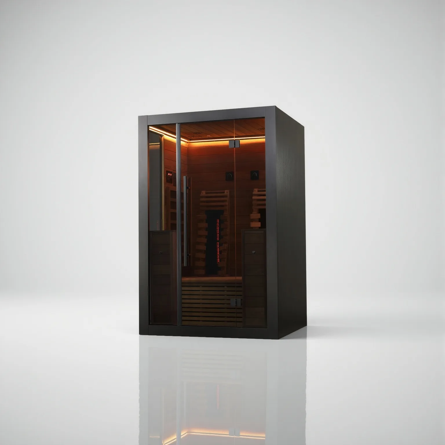 Right-angled view of the Hekla Infrared 130 sauna cabin in black veneer, highlighting the Thermo-aspen wood interior and integrated Chromotherapy LED lighting.