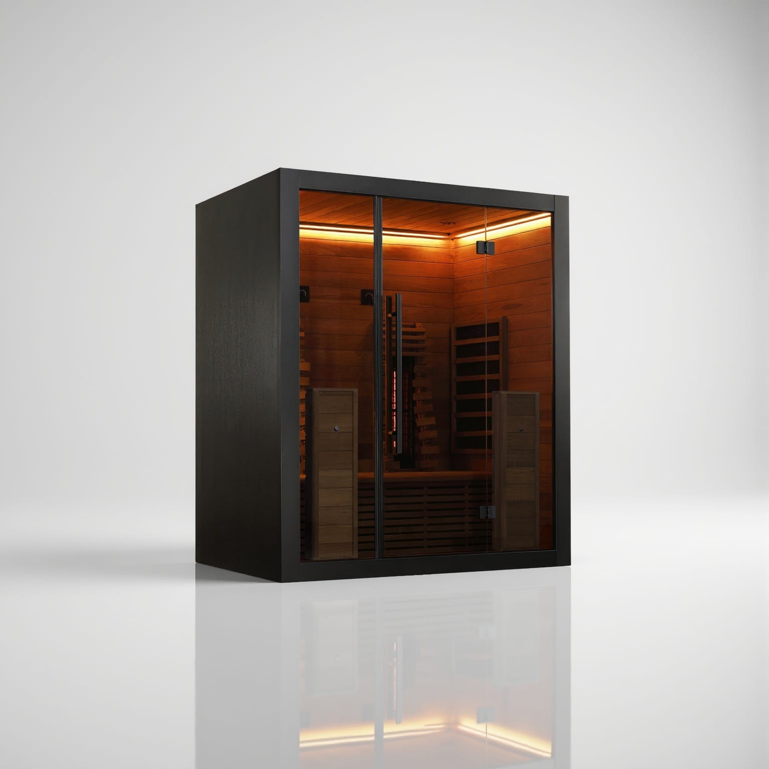 Left-angled perspective of the Hekla Infrared 160 sauna, highlighting the sleek black veneer exterior, glass doors, and ambient Chromotherapy LED lighting.