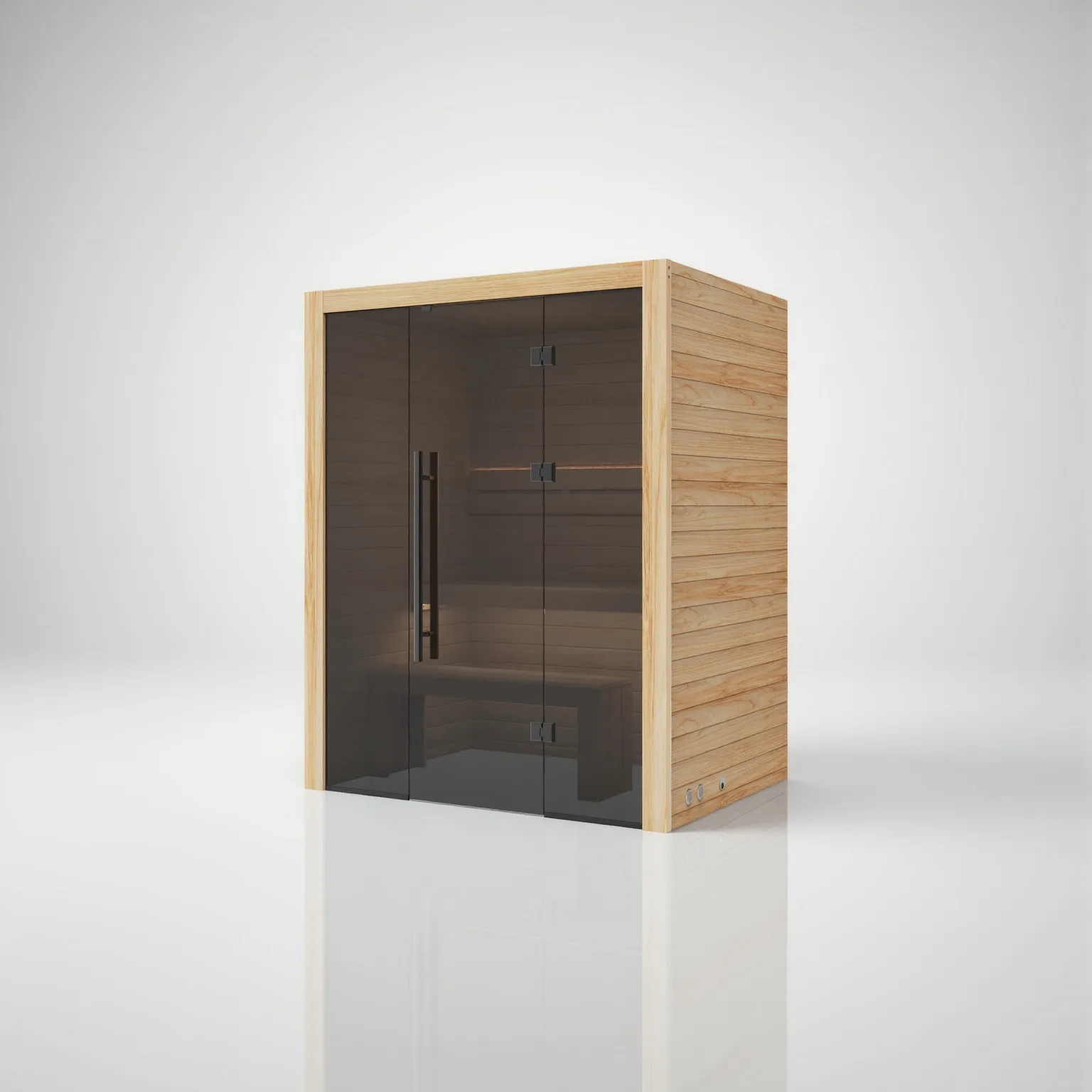 Angled exterior view of the Hekla Traditional 160 Scandi sauna cabin, showcasing the natural Thermo-aspen wood paneling and modern glass front.