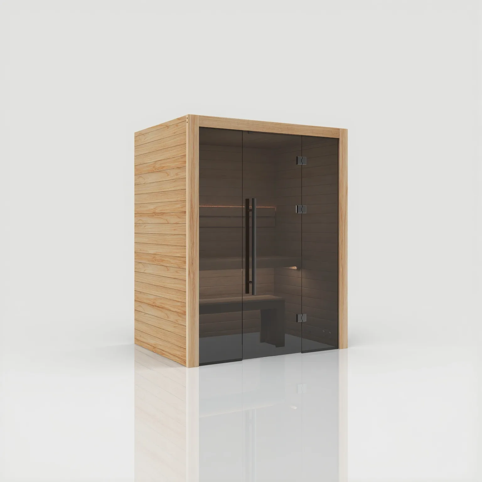 Right-angled view of the Hekla Traditional 160 sauna in a Scandi finish, highlighting the clean lines of the durable Thermo-aspen wood frame.