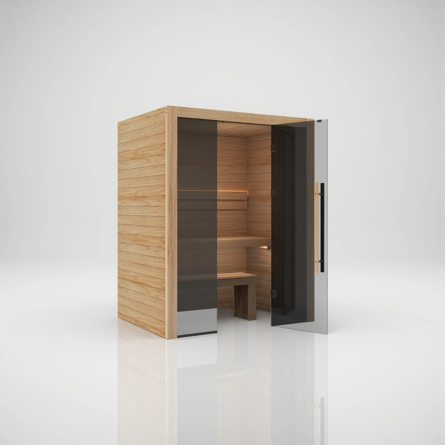 The Hekla 160 Scandi sauna viewed from an angle with the right door ajar, highlighting the inviting Thermo-aspen wood interior and floor grid.