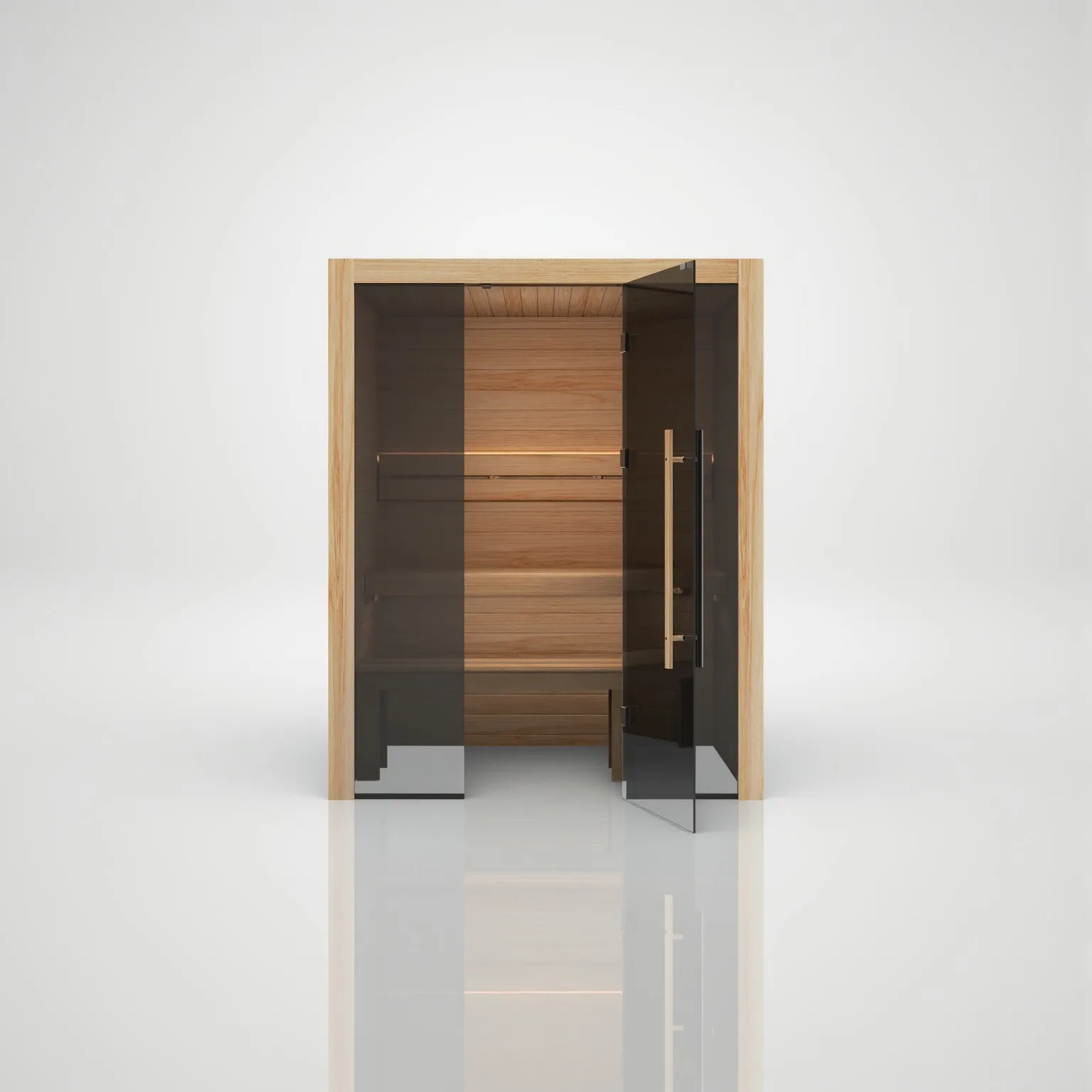 Straight-on view of the Hekla Traditional 160 Scandi sauna with the right 8mm safety glass door open, showing the internal multi-level seating.