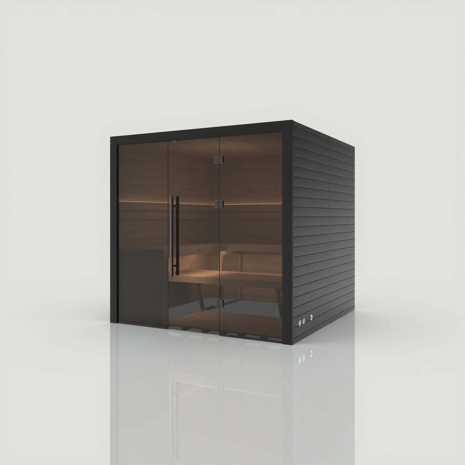 Right-angled exterior perspective of the Hekla Traditional 210x sauna in Nero black, displaying its sleek dark frame and closed glass facade.