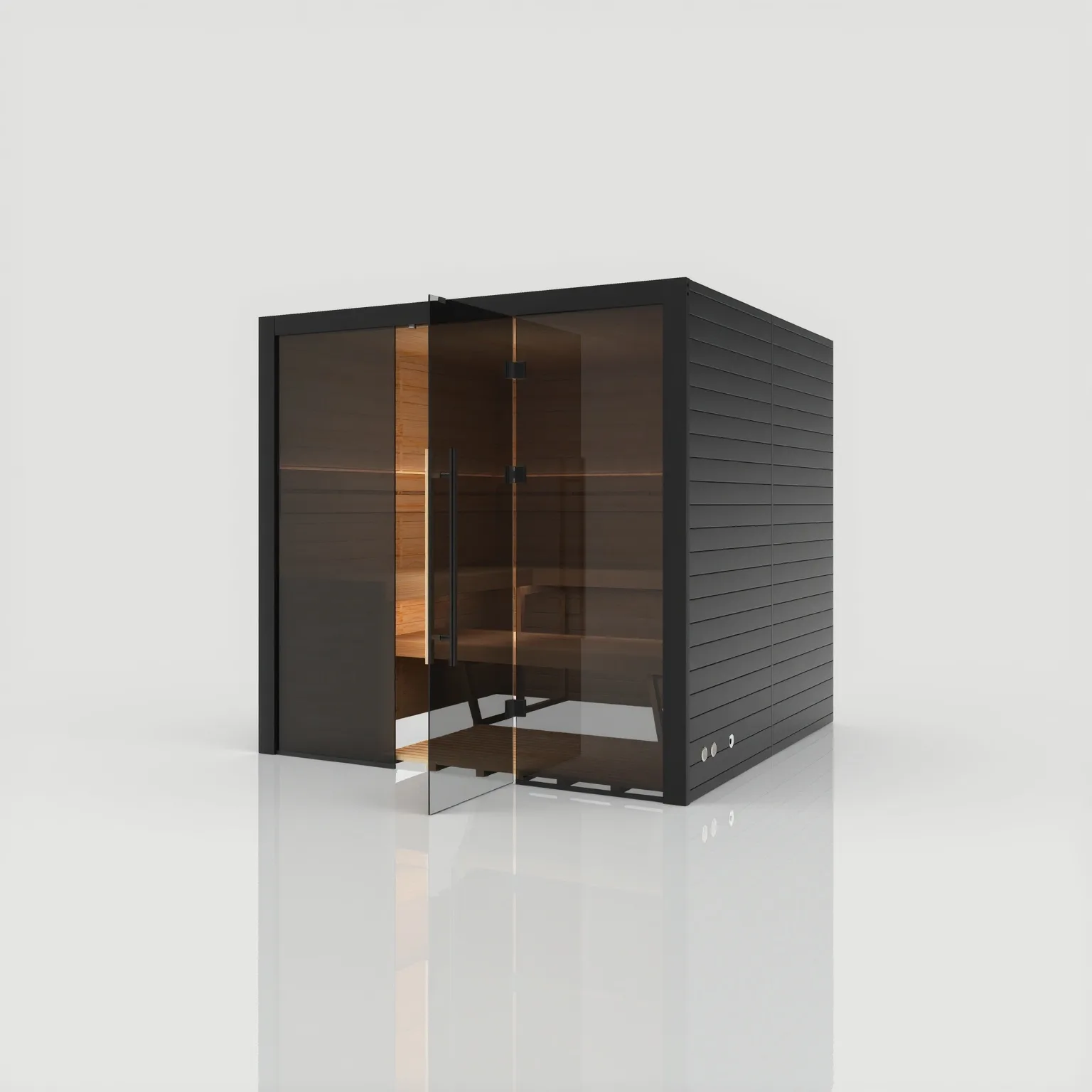 Right-angled view of the Hekla 210x Nero black sauna with the 8mm safety glass door open, highlighting the custom floor grid and ambient lighting.
