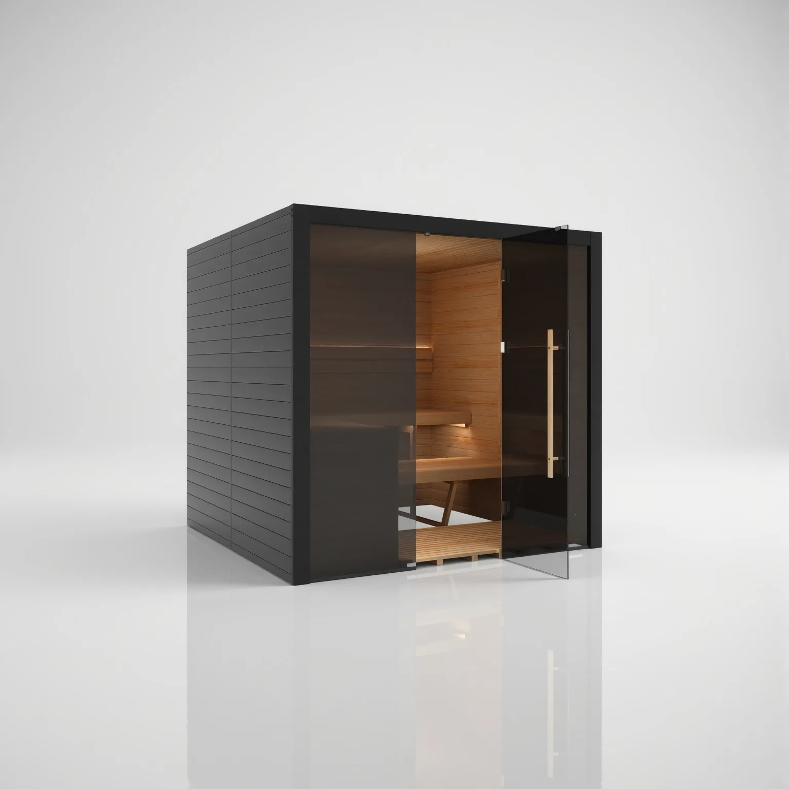 Left-angled perspective of the Hekla Traditional 210x Nero black sauna with the glass door open, revealing the 48mm thermo-aspen interior.