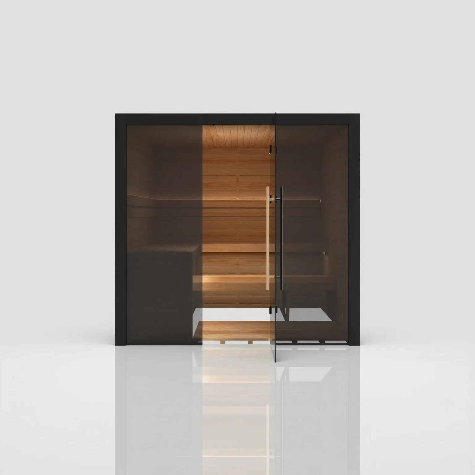 Straight-on view of the Hekla Traditional 210x Nero black sauna with the glass door open, showing the refined thermo-aspen seating and warm LED glow.