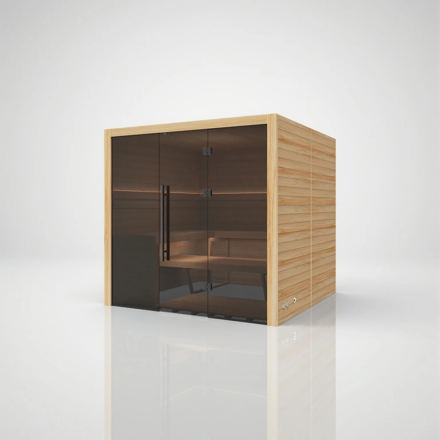 Right-angled exterior view of the Hekla Traditional 210x Scandi sauna, highlighting the heavy-duty wood frame and 8mm grey safety glass.