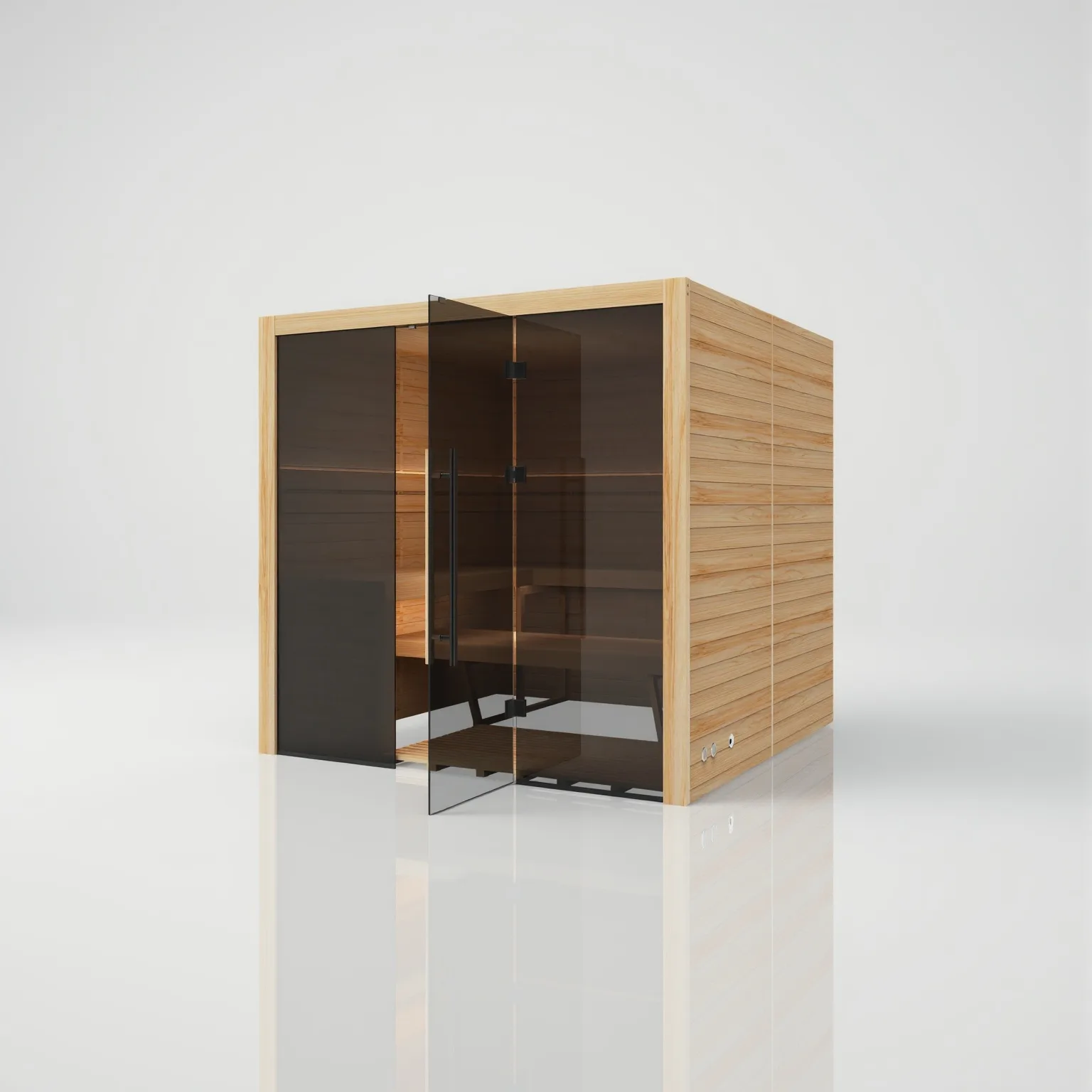 Left-angled view of the Hekla Traditional 210x Scandi indoor sauna with the 8mm grey-tinted safety glass door open, revealing the 48mm thermo-aspen interior.