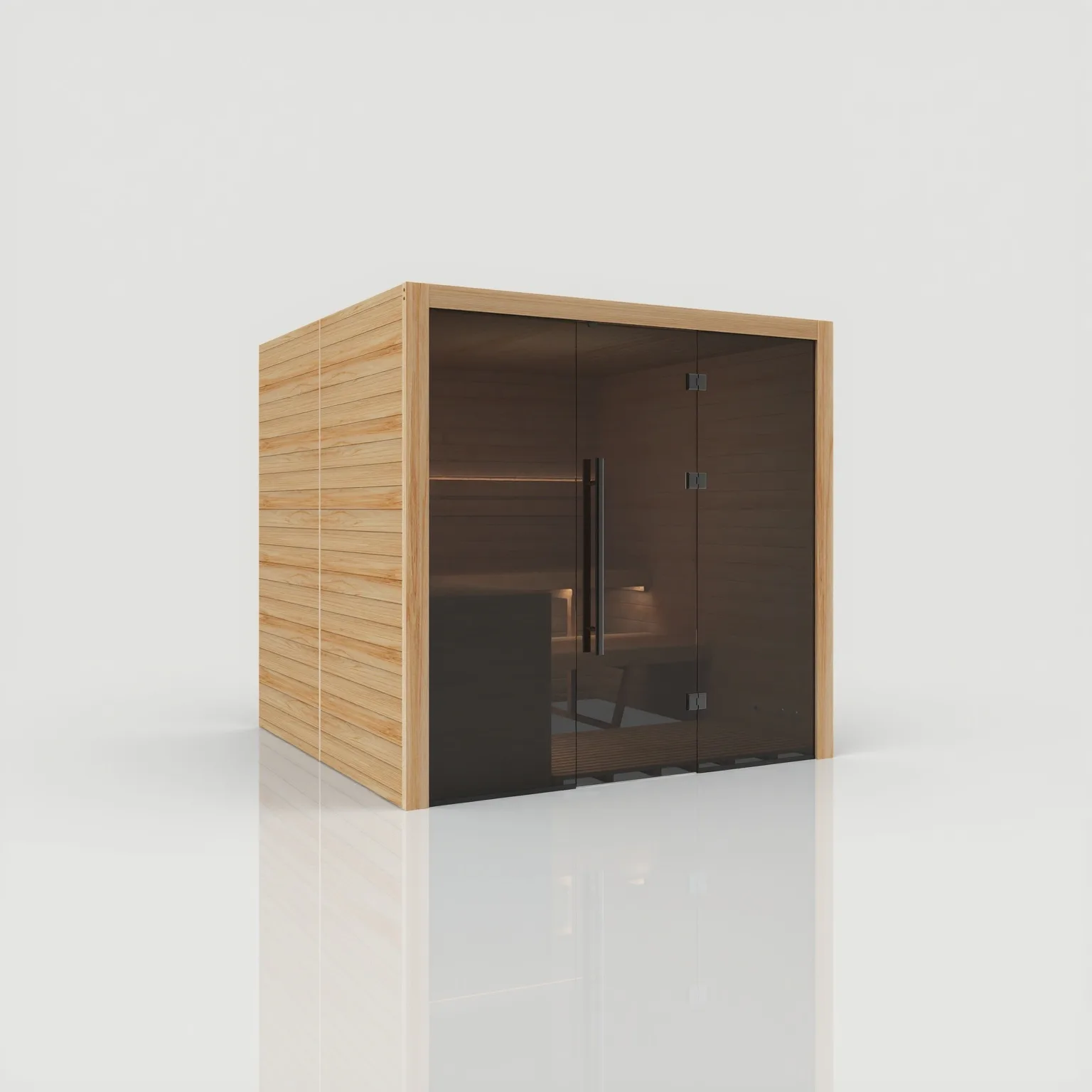 Left-angled exterior perspective of the closed Hekla Traditional 210x Scandi sauna cabin, showcasing its beautiful natural wood finish and tinted glass front.