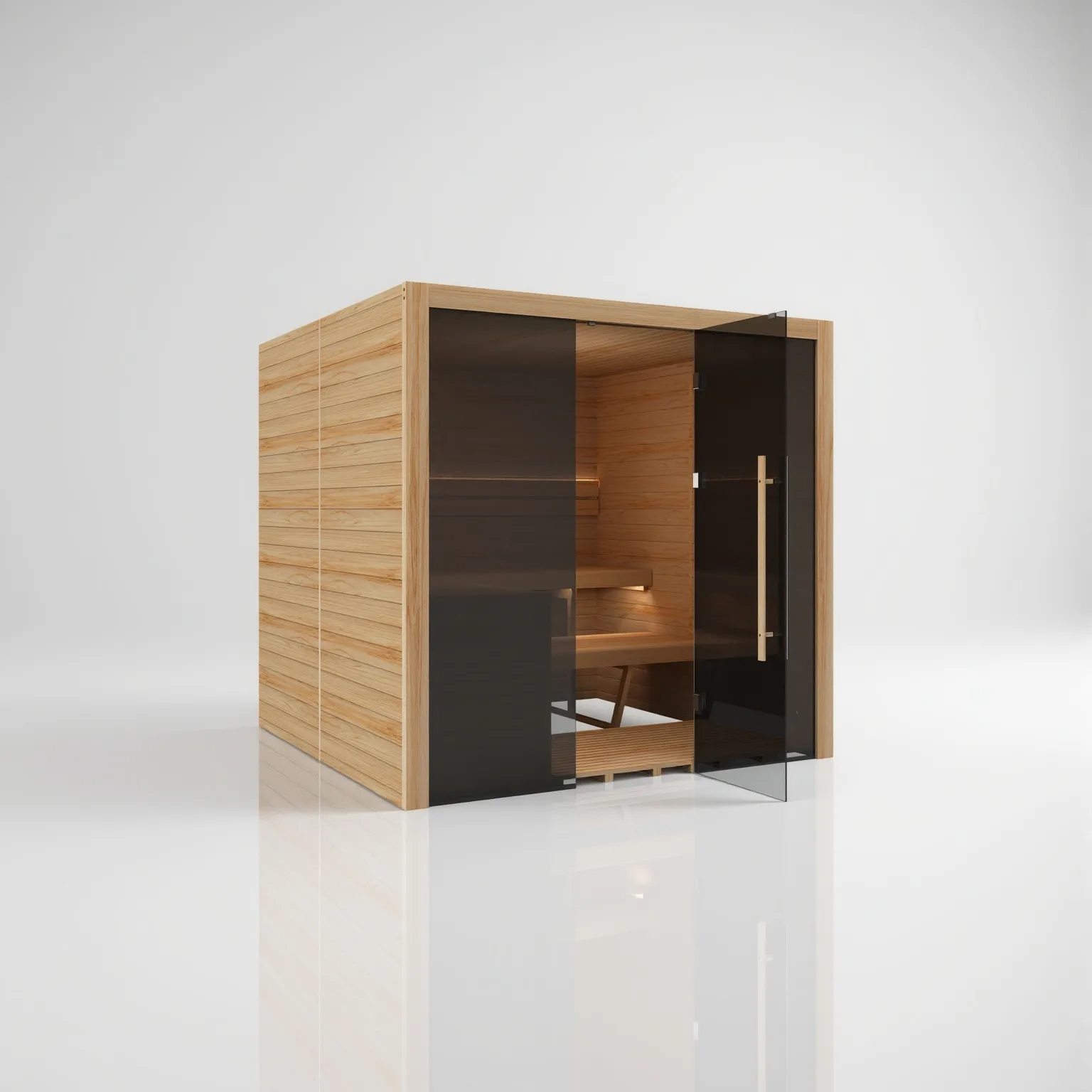 Right-angled view of the Hekla 210x Scandi sauna with one glass door open, revealing the warm interior lighting and smooth Thermo-aspen benches.