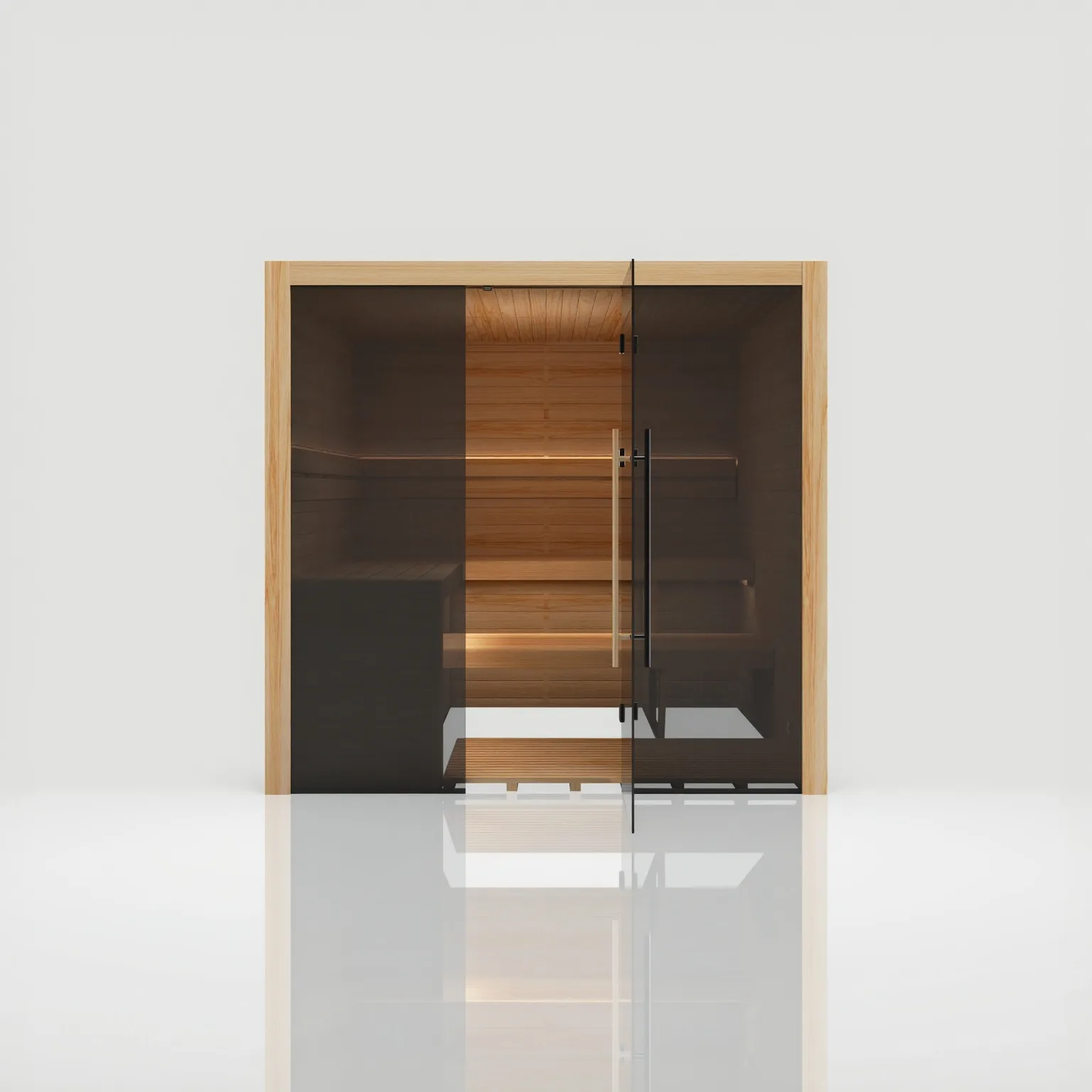 Straight-on view of the Hekla Traditional 210x Scandi sauna with the glass door open, showing the built-in vinyl floor grid and multi-level thermo-aspen seating.