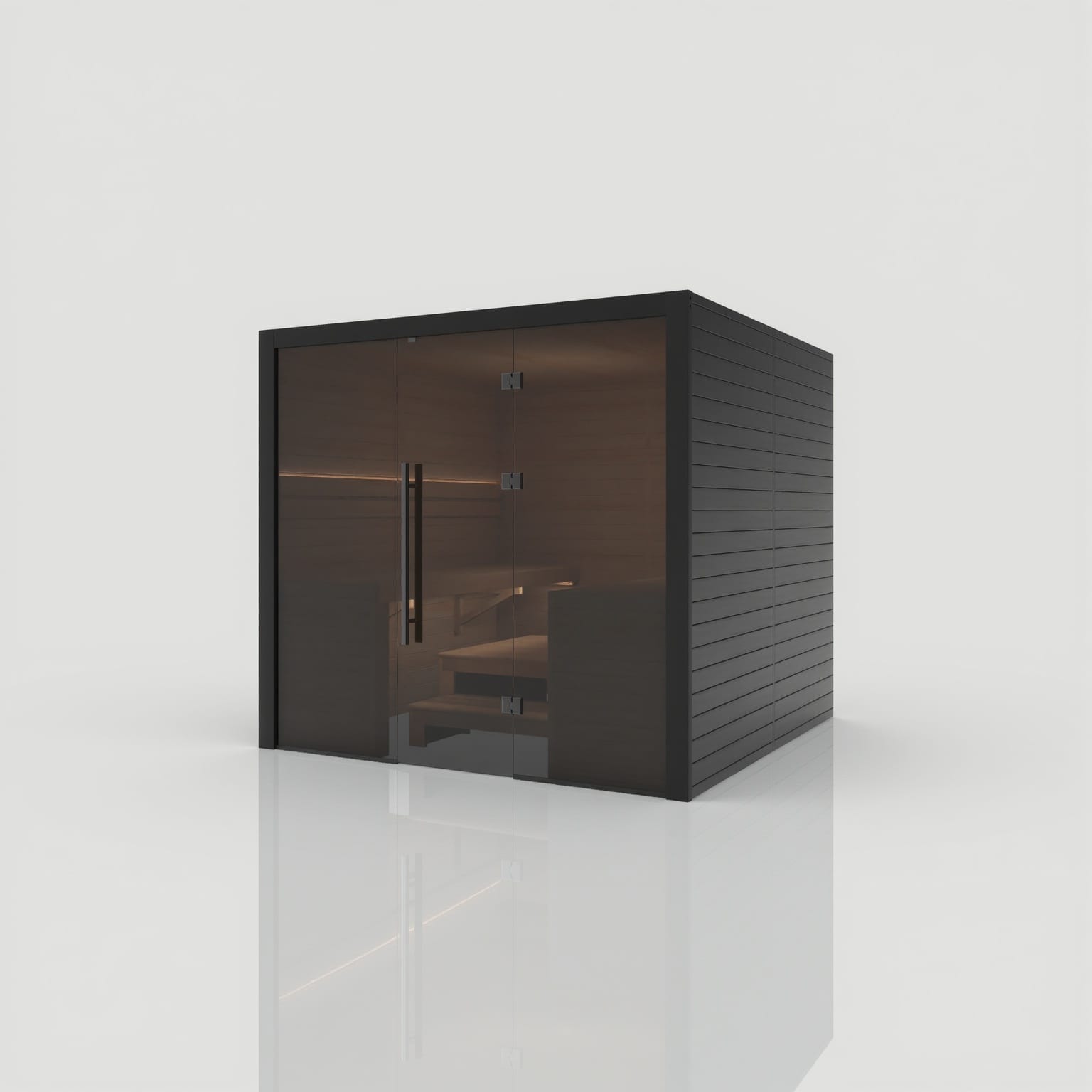 Right-angled exterior perspective of the Hekla Traditional 220 sauna in Nero black, displaying its sleek dark frame and closed safety glass facade.