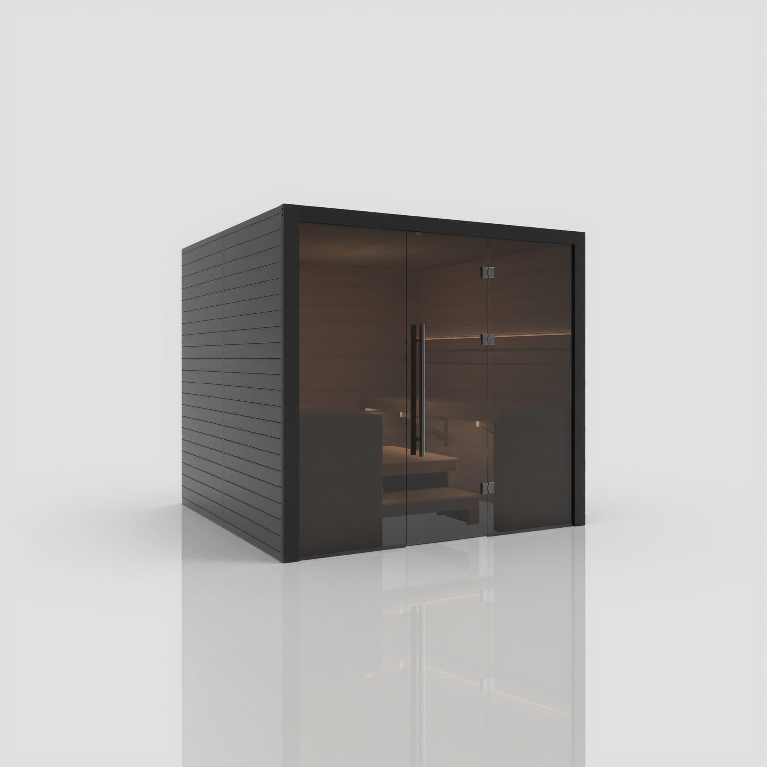 Left-angled exterior view of the closed Hekla Traditional 220 Nero sauna, showcasing the signature black finish and 8mm grey-tinted safety glass.