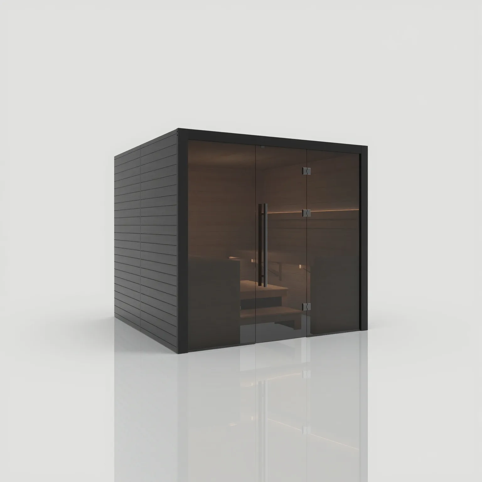 Left-angled exterior view of the closed Hekla Traditional 220 Nero sauna, showcasing the signature black finish and 8mm grey-tinted safety glass.
