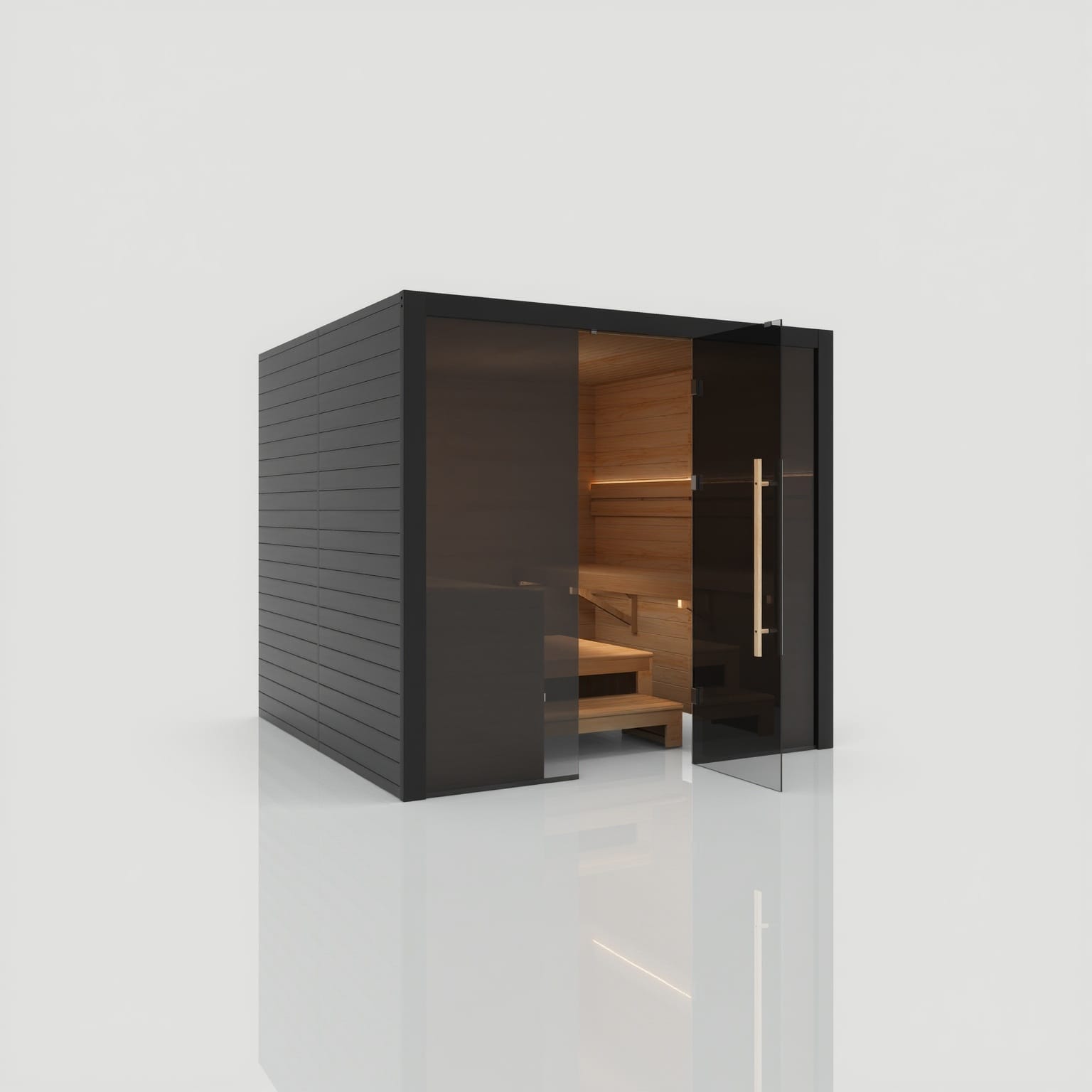 Left-angled perspective of the Hekla Traditional 220 Nero black sauna with the glass door open, revealing the warm 48mm thermo-aspen interior and ambient lighting.