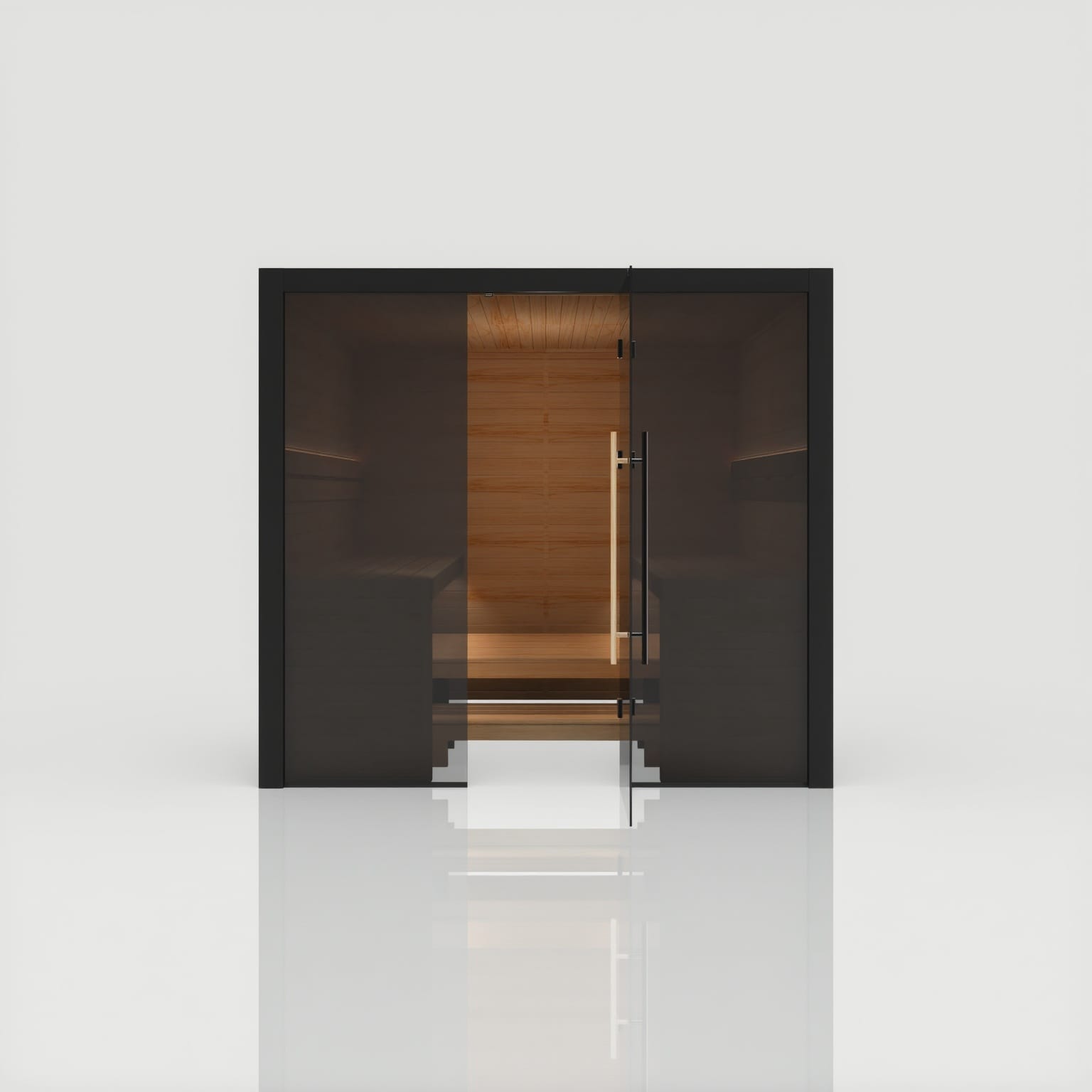 Straight-on view of the Hekla Traditional 220 Nero black sauna with the glass door open, showing the refined thermo-aspen seating and custom vinyl-topped floor grid.