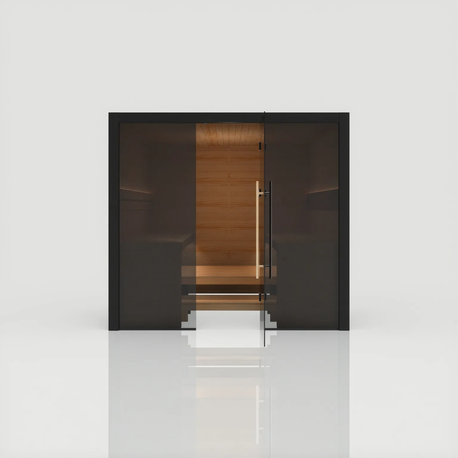 Straight-on view of the Hekla Traditional 220 Nero black sauna with the glass door open, showing the refined thermo-aspen seating and custom vinyl-topped floor grid.