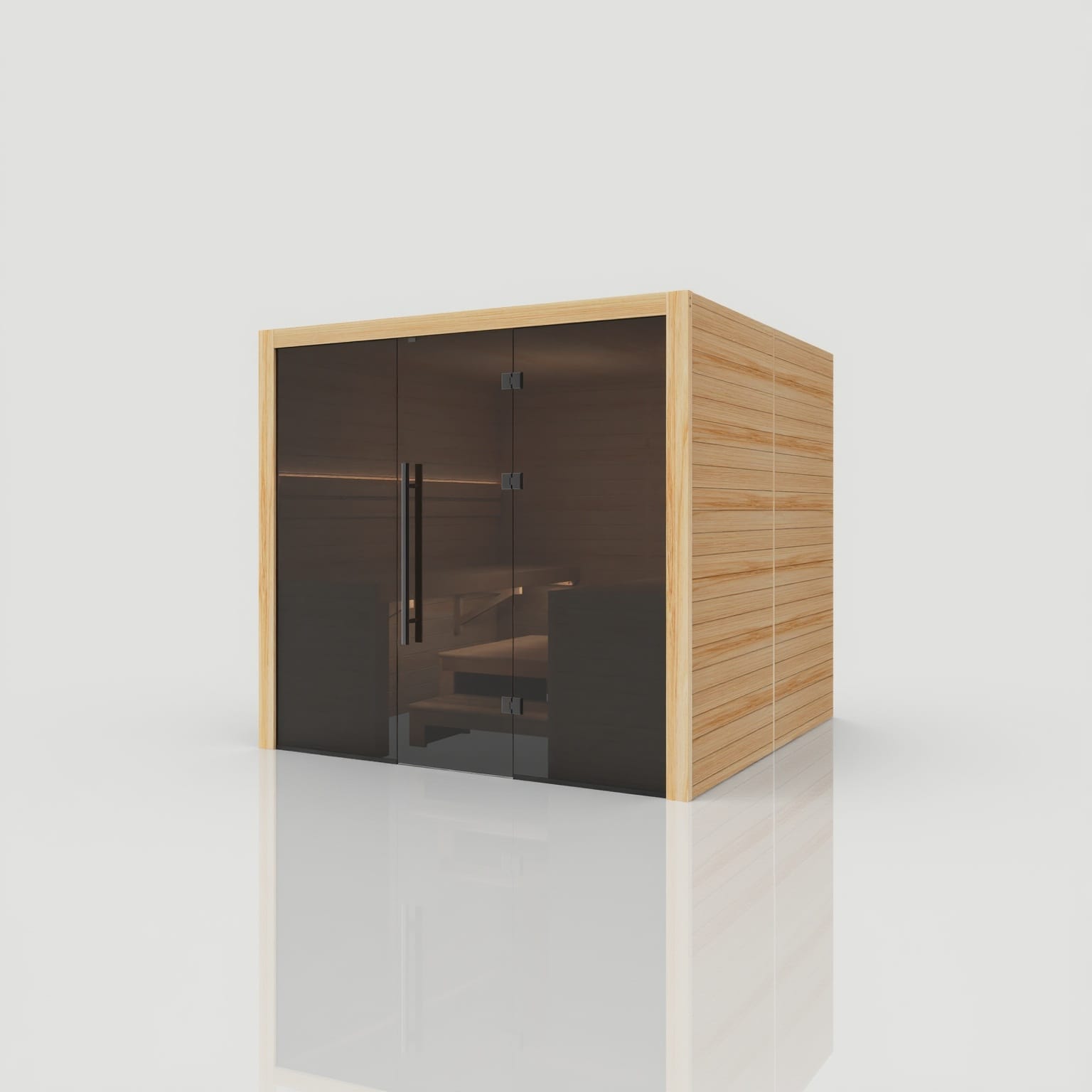 Right-angled perspective of the closed Hekla Traditional 220 Scandi sauna cabin, highlighting the sleek grey safety glass and light wood finish.