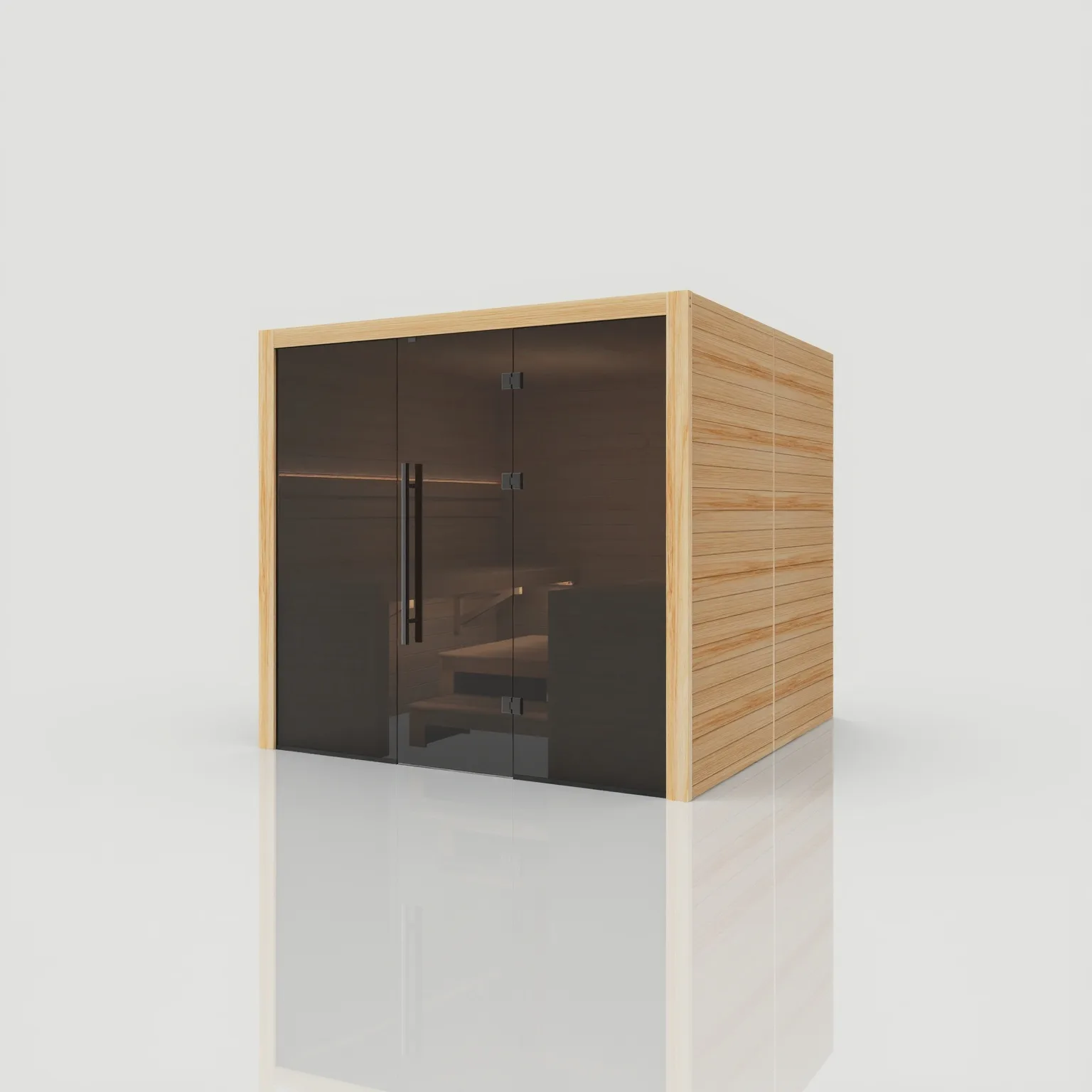 Right-angled perspective of the closed Hekla Traditional 220 Scandi sauna cabin, highlighting the sleek grey safety glass and light wood finish.