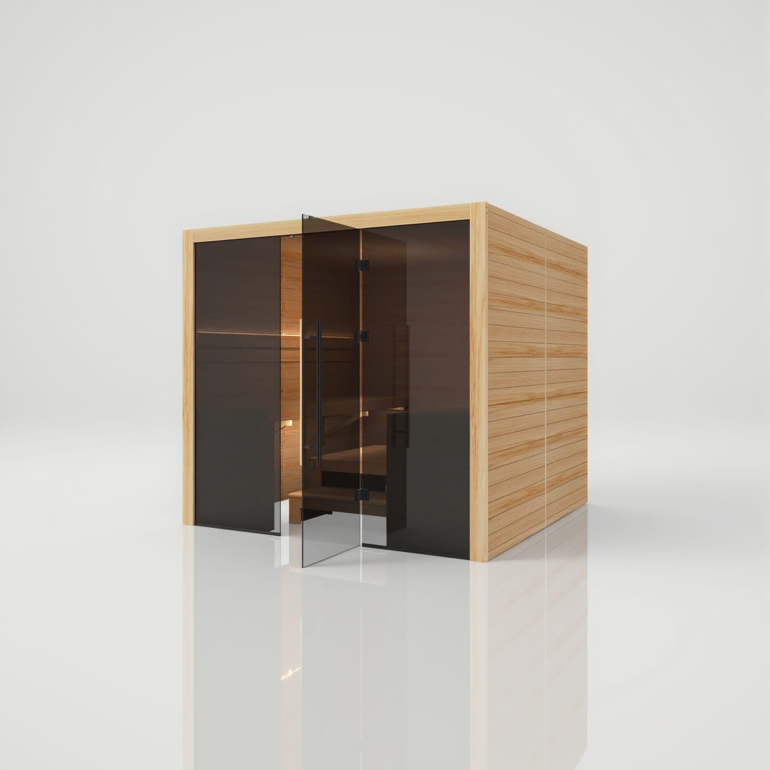 Right-angled exterior view of the Hekla 220 Scandi sauna with the left safety glass door open, displaying the warm wood interior and ambient lighting.