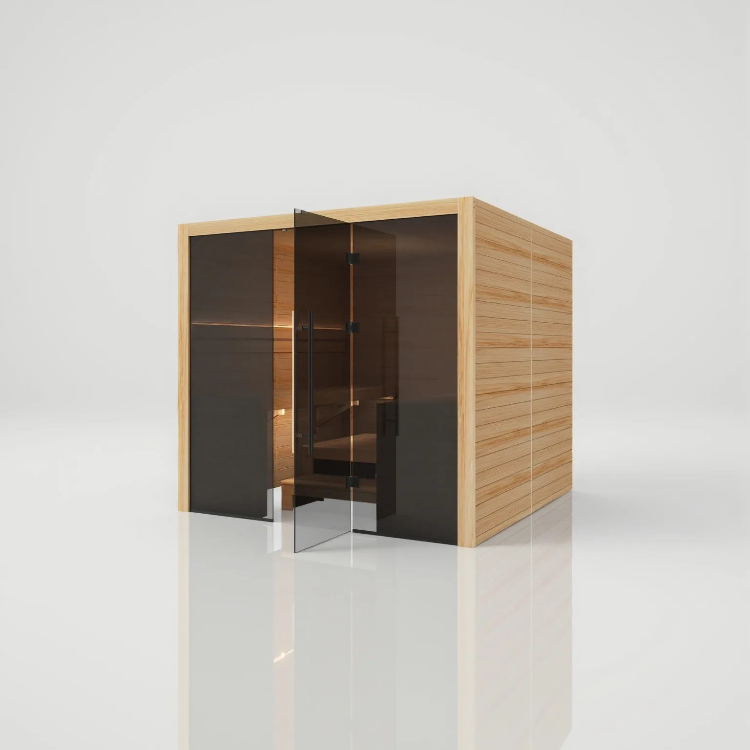 Right-angled exterior view of the Hekla 220 Scandi sauna with the left safety glass door open, displaying the warm wood interior and ambient lighting.