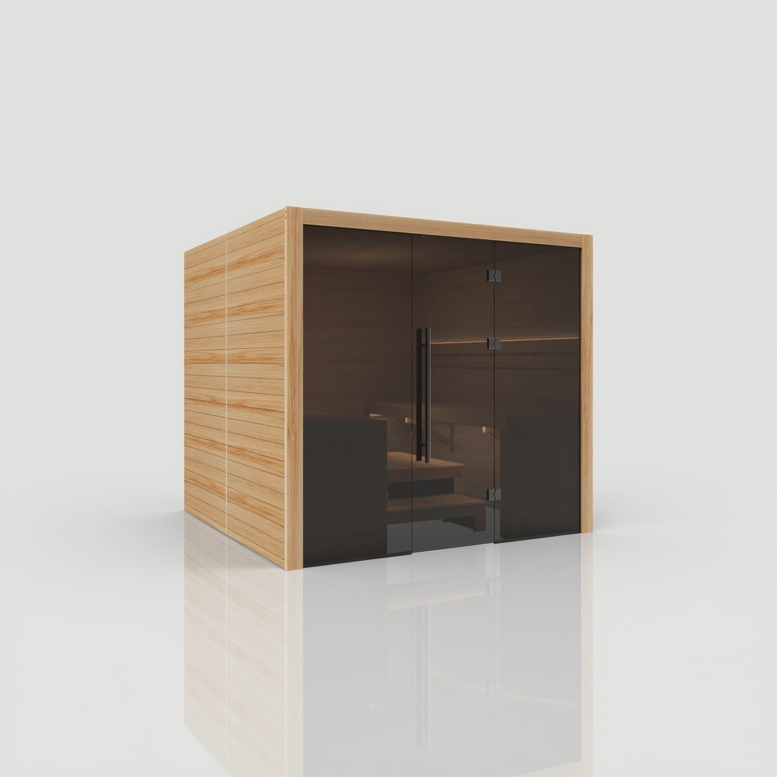 Left-angled exterior view of the Hekla Traditional 220 Scandi sauna, featuring natural 48mm thermo-aspen wood and 8mm grey-tinted safety glass.