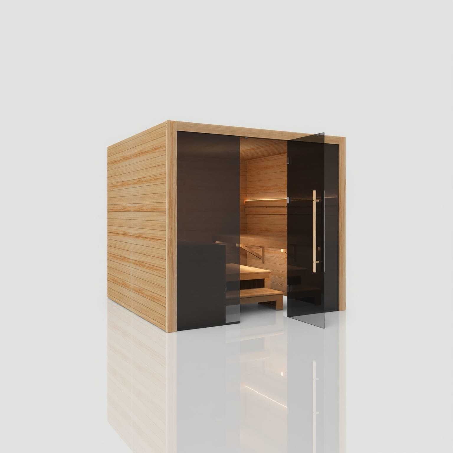 Left-angled view of the Hekla 220 Scandi sauna with one glass door open, showcasing the interior lighting and high-mass thermo-aspen benches.
