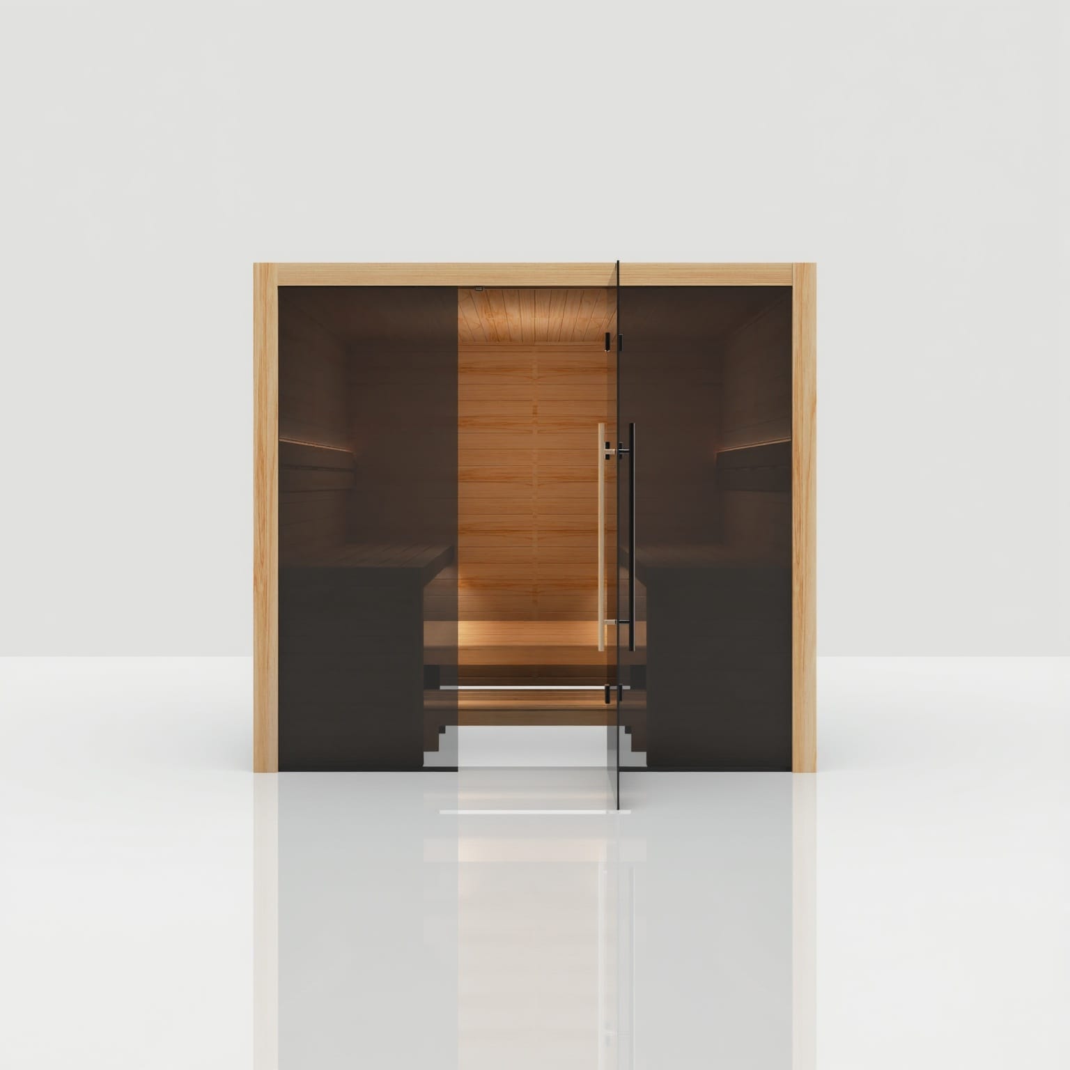 Front view of the Hekla Traditional 220 Scandi sauna with the glass door open, revealing the built-in vinyl floor grid and smooth thermo-aspen seating.