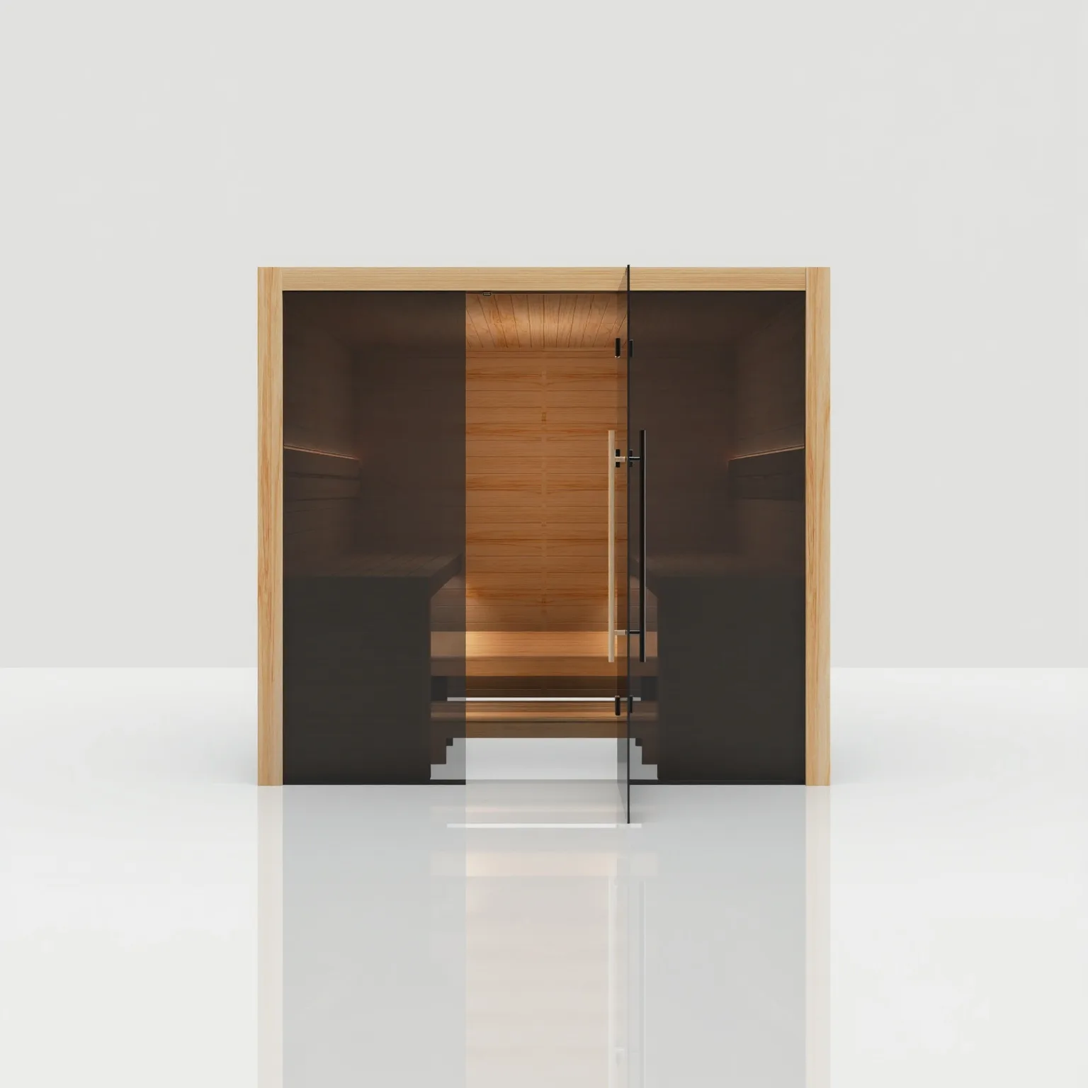 Front view of the Hekla Traditional 220 Scandi sauna with the glass door open, revealing the built-in vinyl floor grid and smooth thermo-aspen seating.
